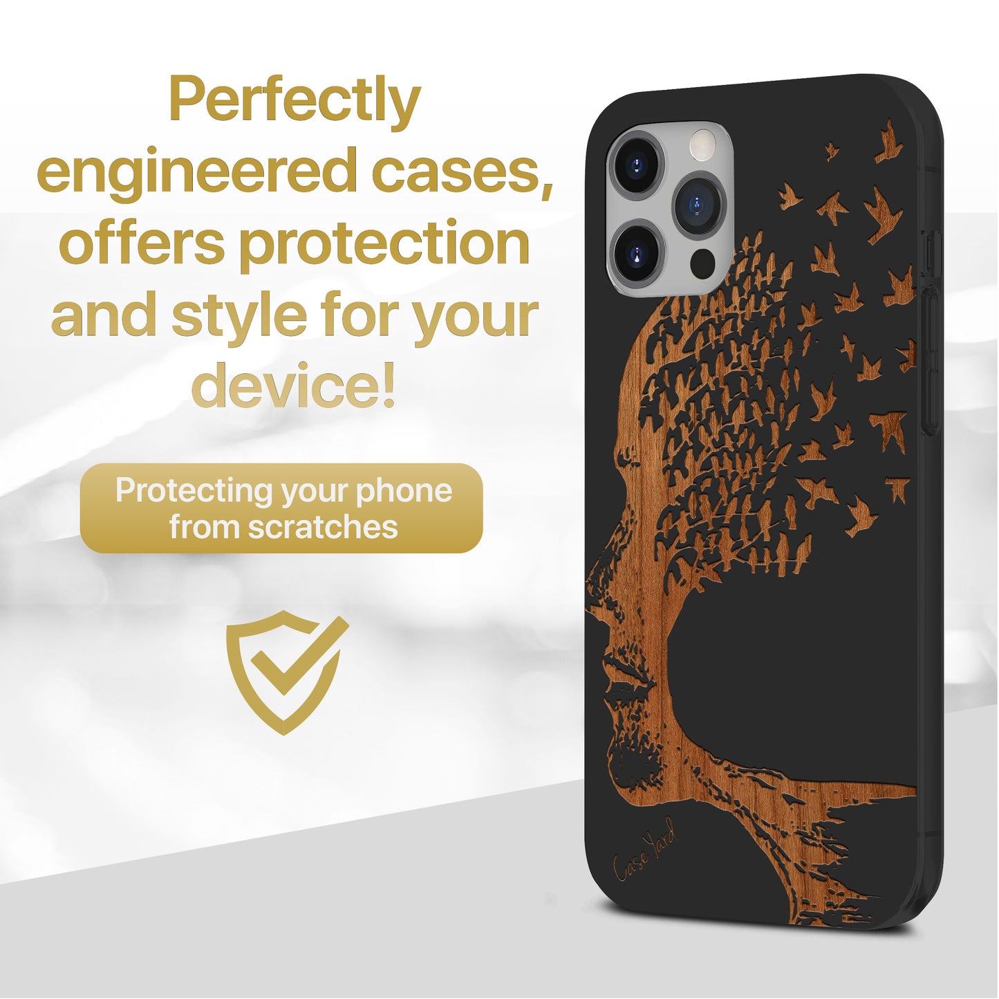 Head with Flying Birds Wooden Laser Engraved Phone Case