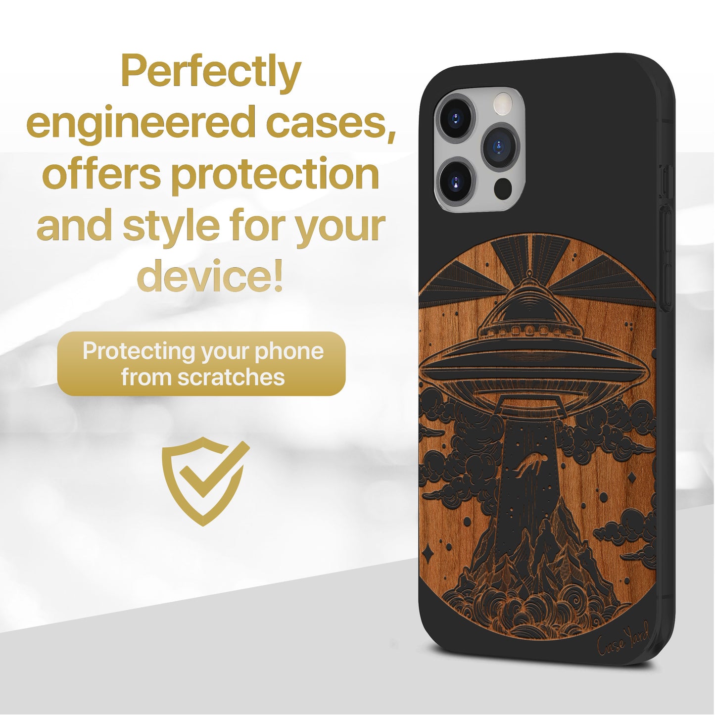 Alien Spaceship Wooden Laser Engraved Phone Case for iPhone & Samsung Phones