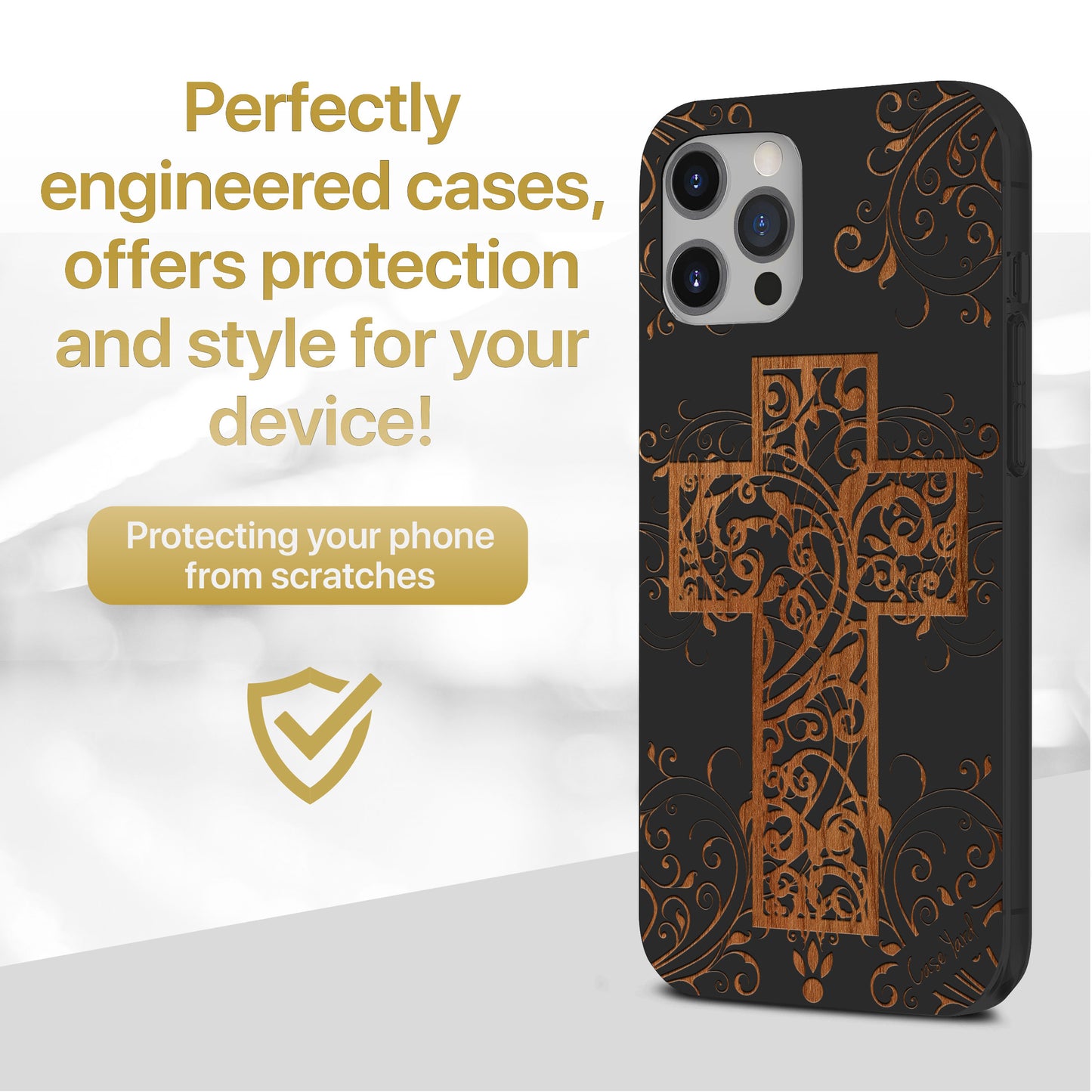 Cross Floral Wooden Laser Engraved Phone Case