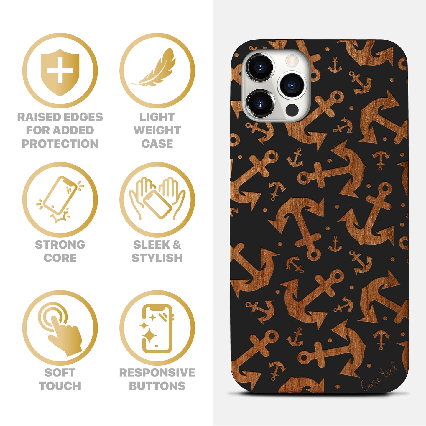 Anchor Pattern Wooden Laser Engraved Phone Case for iPhone & Samsung Phones