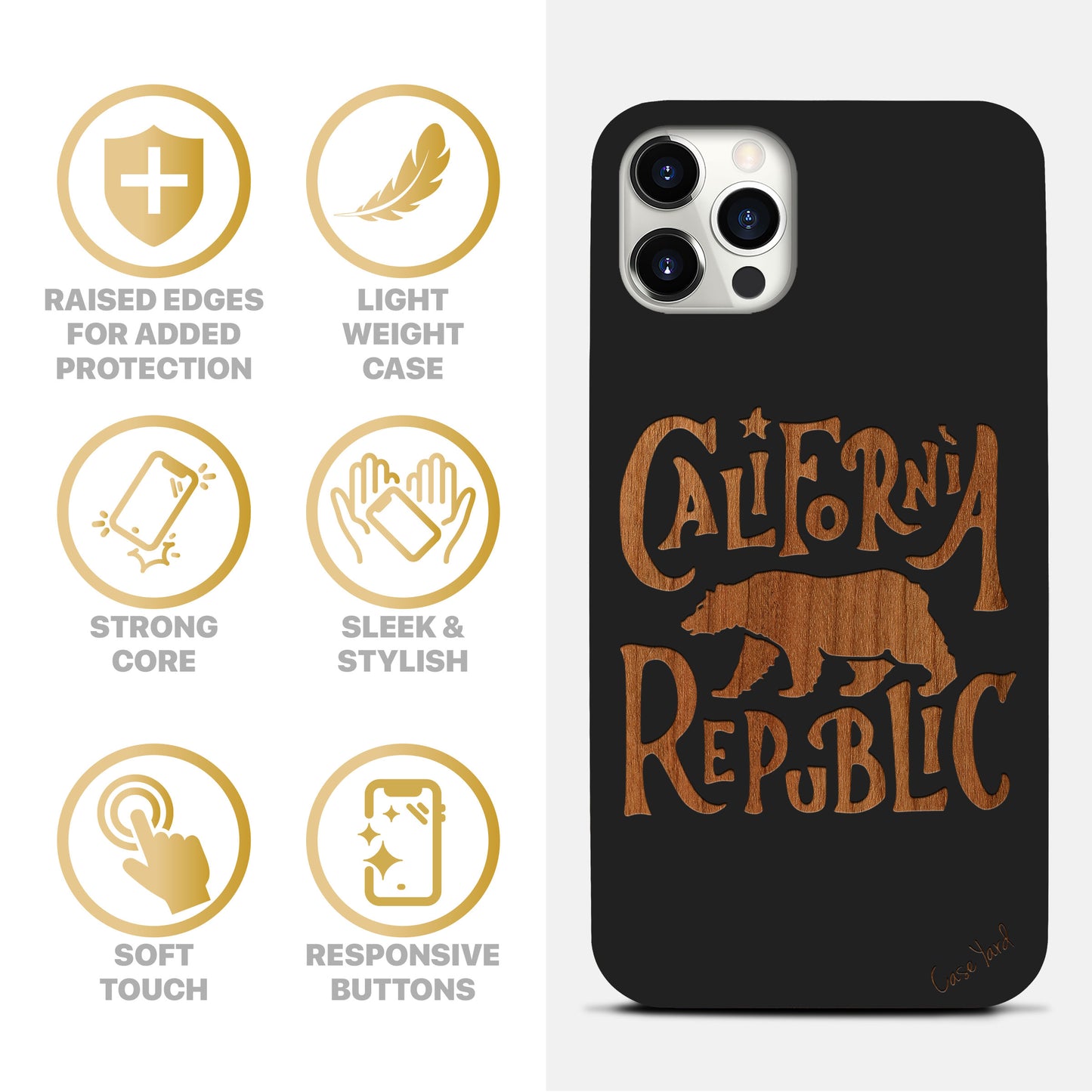 California Republic Bear Wooden Laser Engraved Phone Case for iPhone & Samsung Phones