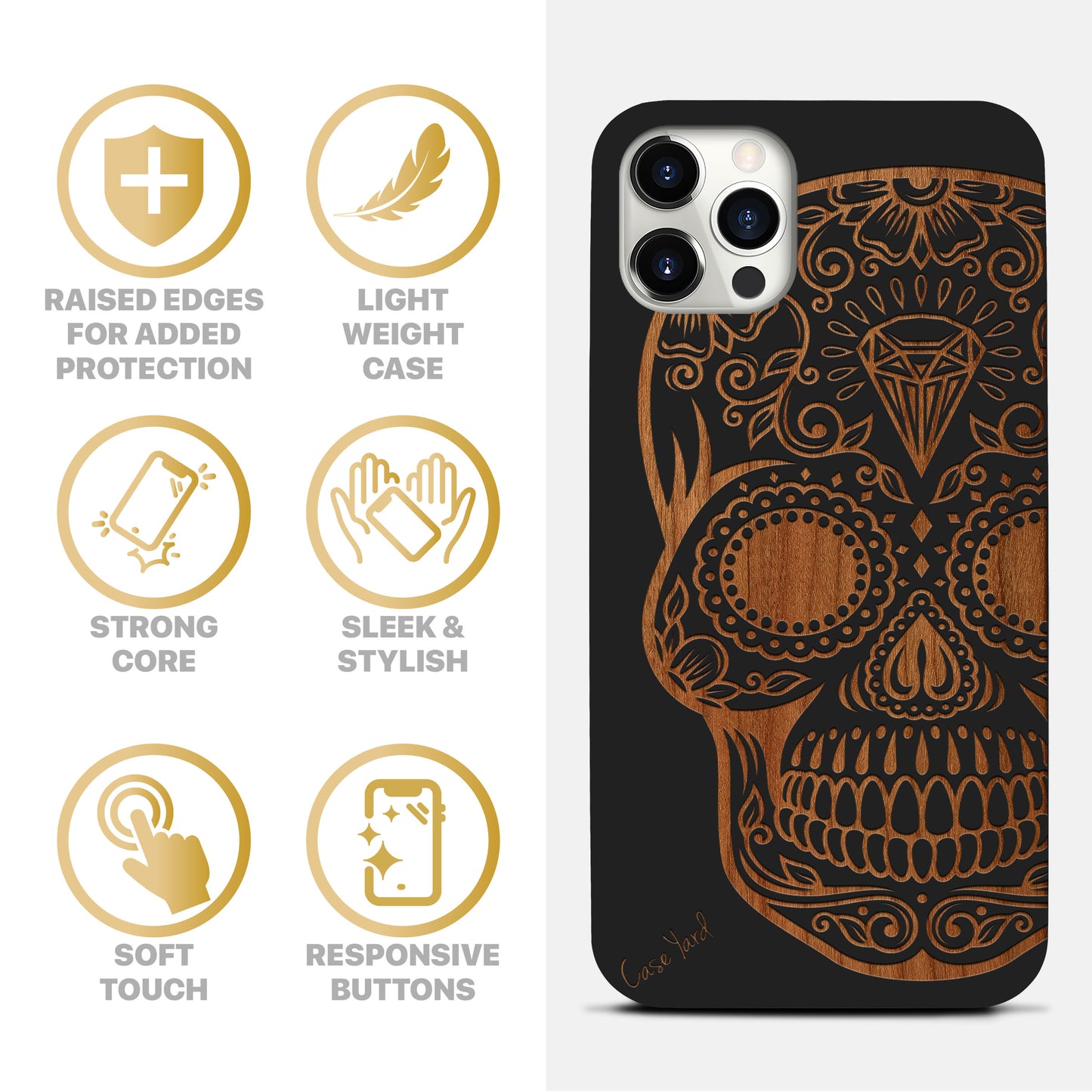 Diamond Skull Wooden Laser Engraved Phone Case for iPhone & Samsung Phones