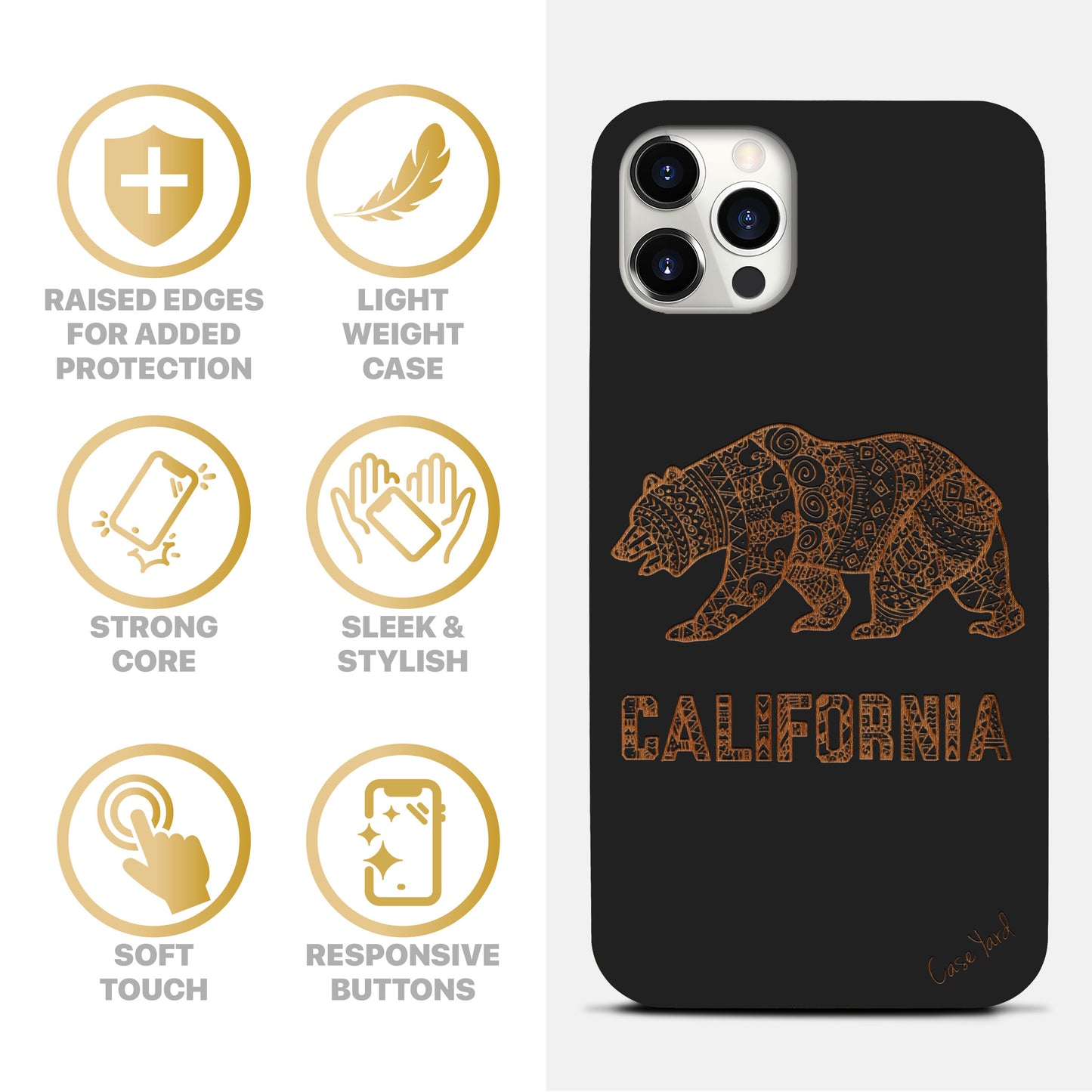 California Grizzly Wooden Laser Engraved Phone Case for iPhone & Samsung Phones