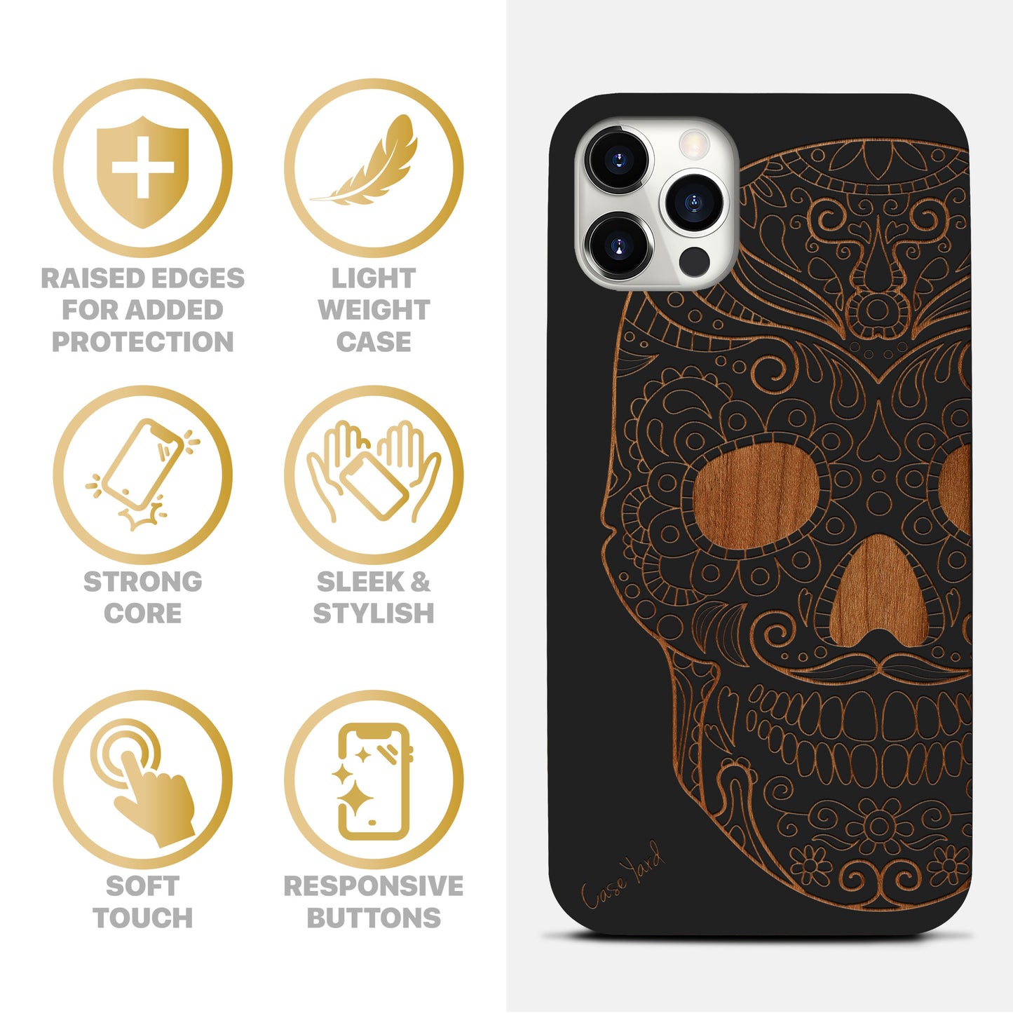 Half Skull Wooden Laser Engraved Phone Case for iPhone