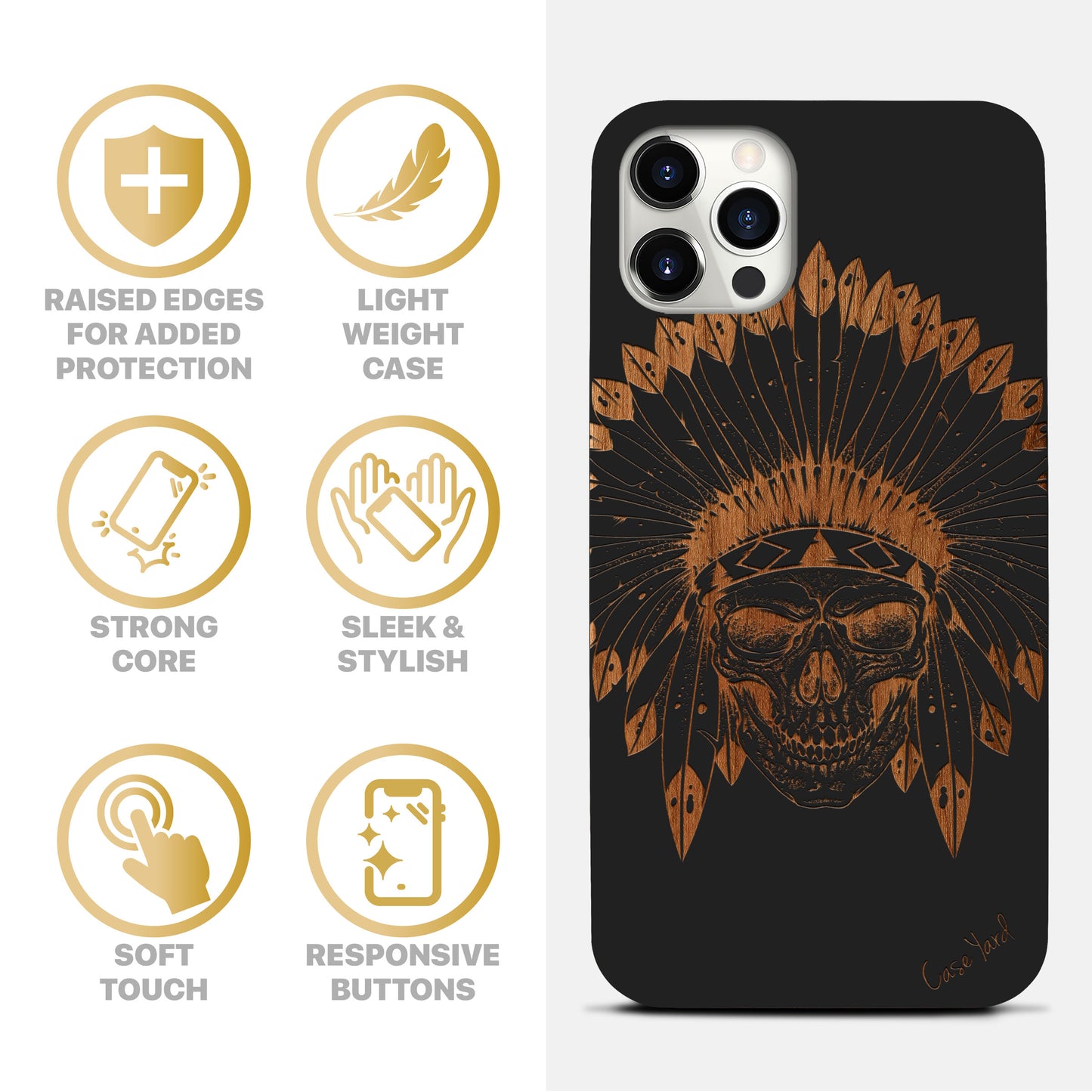 Skull Feather Wood Wooden Laser Engraved Phone Case
