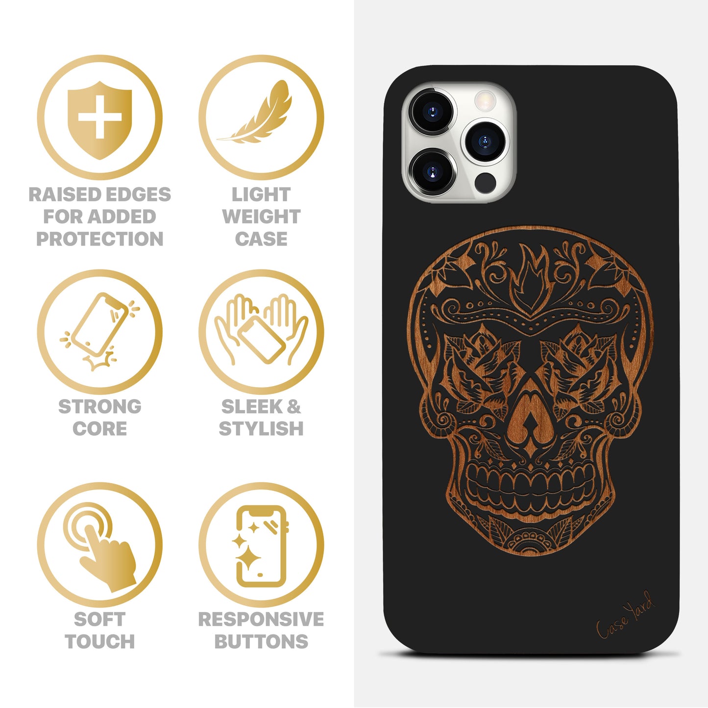 Skull Rose Wooden Laser Engraved Phone Case