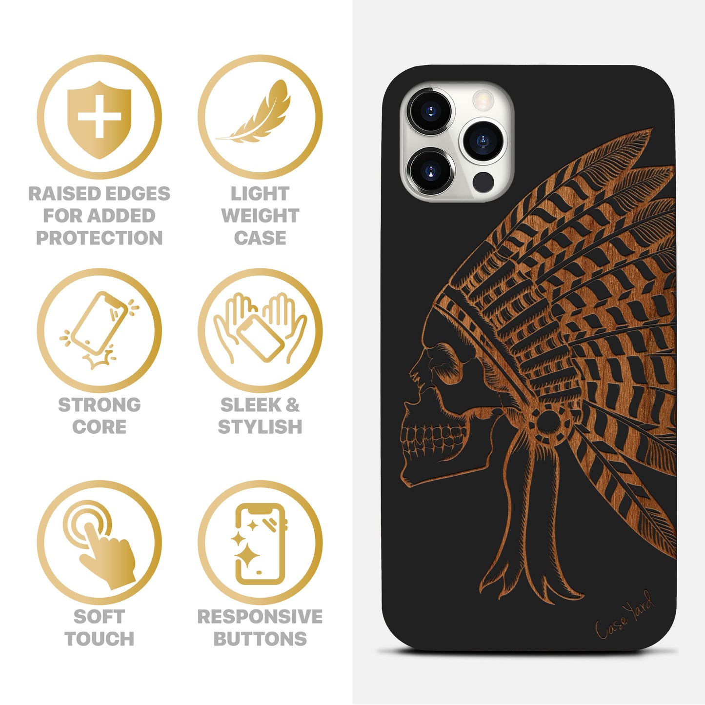 Indian Chief Skull Wood Wooden Laser Engraved Phone Case