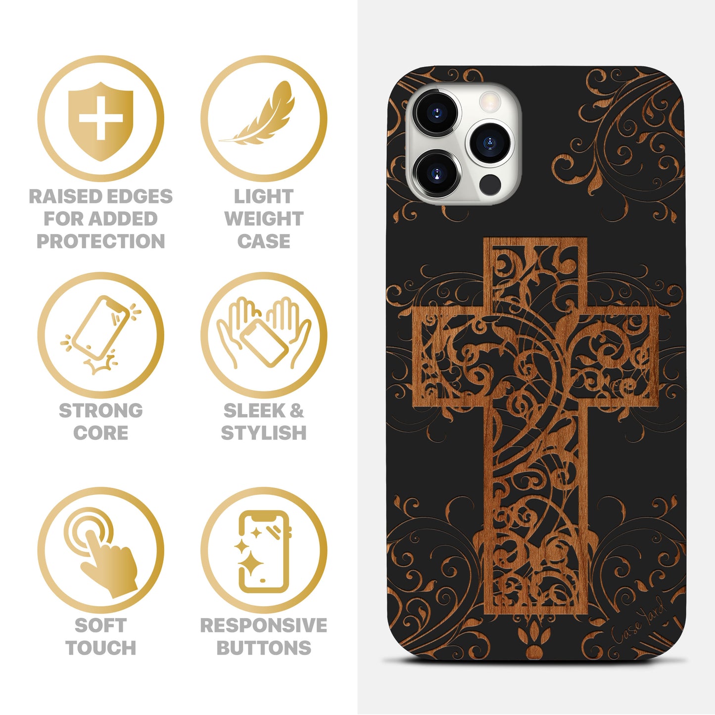 Cross Floral Wooden Laser Engraved Phone Case