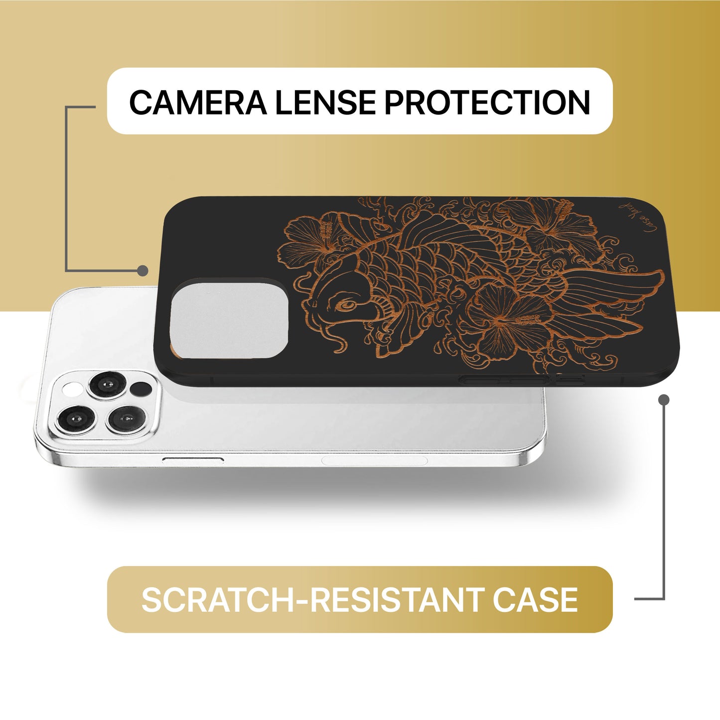 Hibiscus & Koi Fish Wooden Laser Engraved Phone Case for iPhone