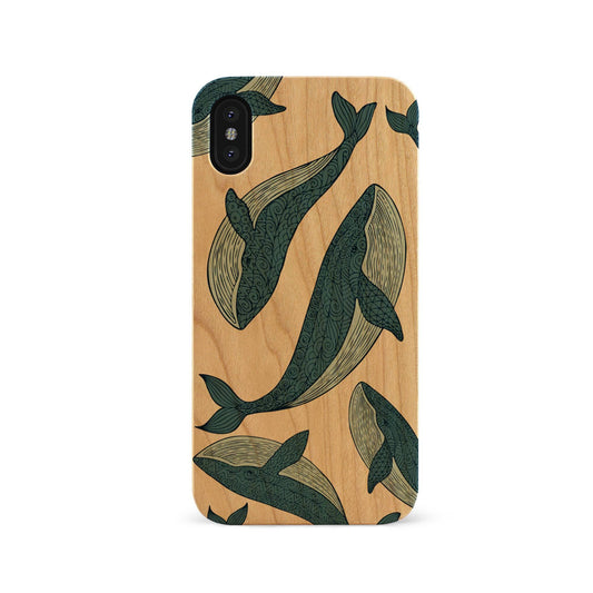 Blue Whales UV Colored Wood Phone Case for iPhone