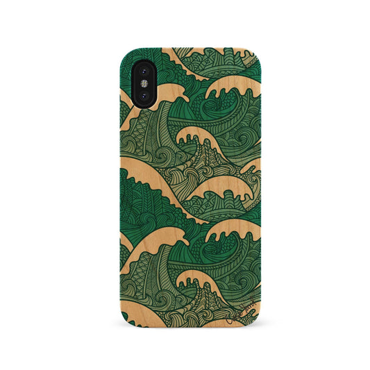 Great Wave Pattern UV Colored Wood Phone Case for iPhone