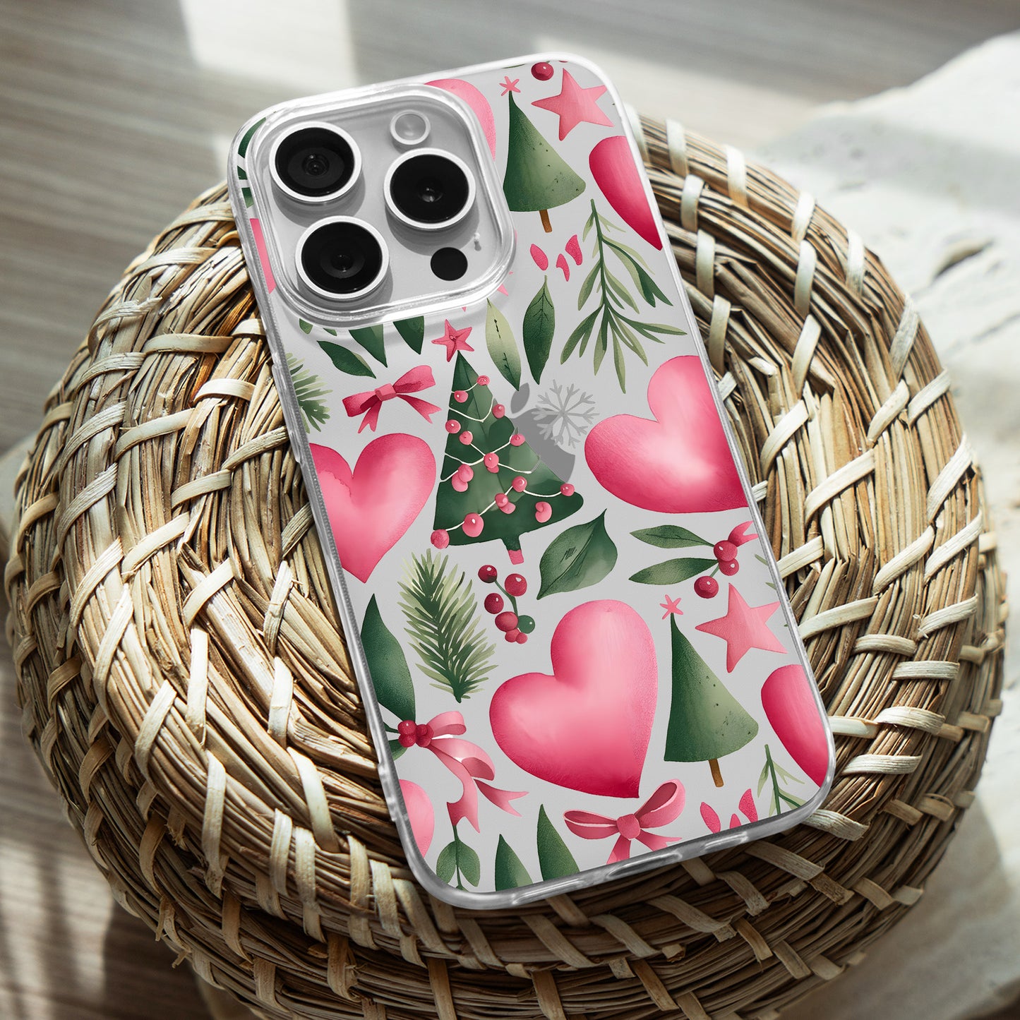 Pink Heart Pattern TPU Clear Case for iPhone & Samsung Phones