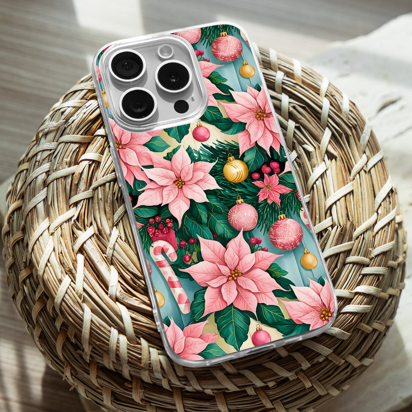 Pink Christmas Flower TPU Clear Case for iPhone & Samsung Phones