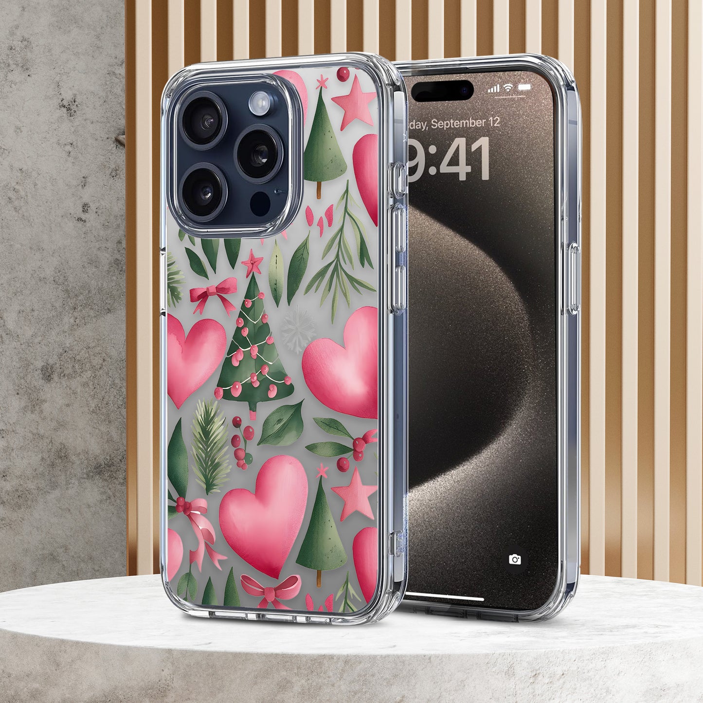 Pink Heart Pattern TPU Clear Case for iPhone & Samsung Phones
