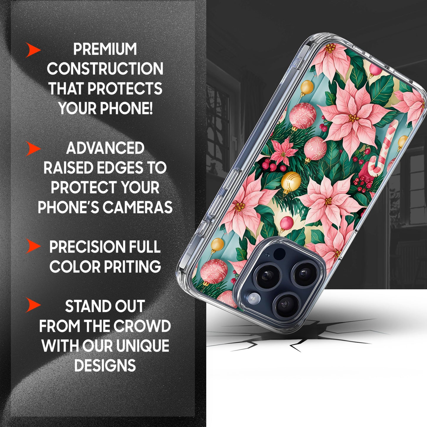Pink Christmas Flower TPU Clear Case for iPhone & Samsung Phones