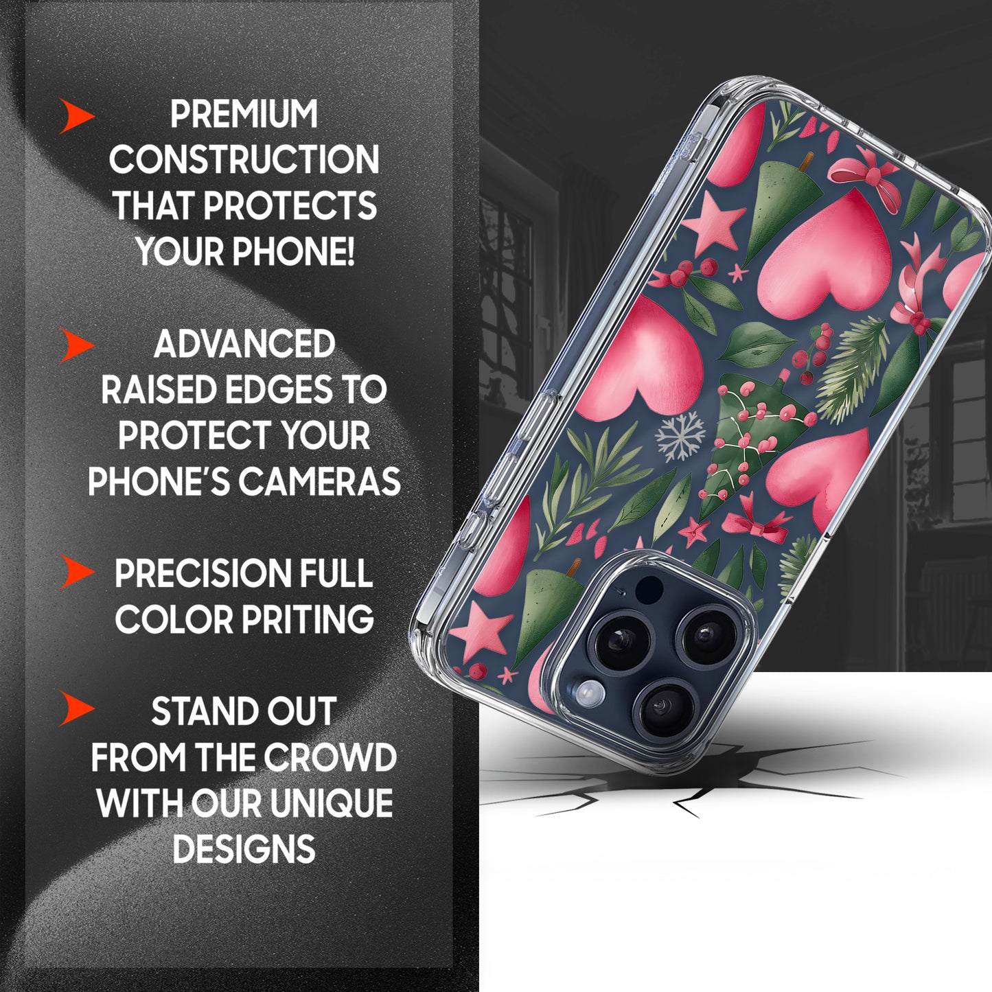 Pink Heart Pattern TPU Clear Case for iPhone & Samsung Phones