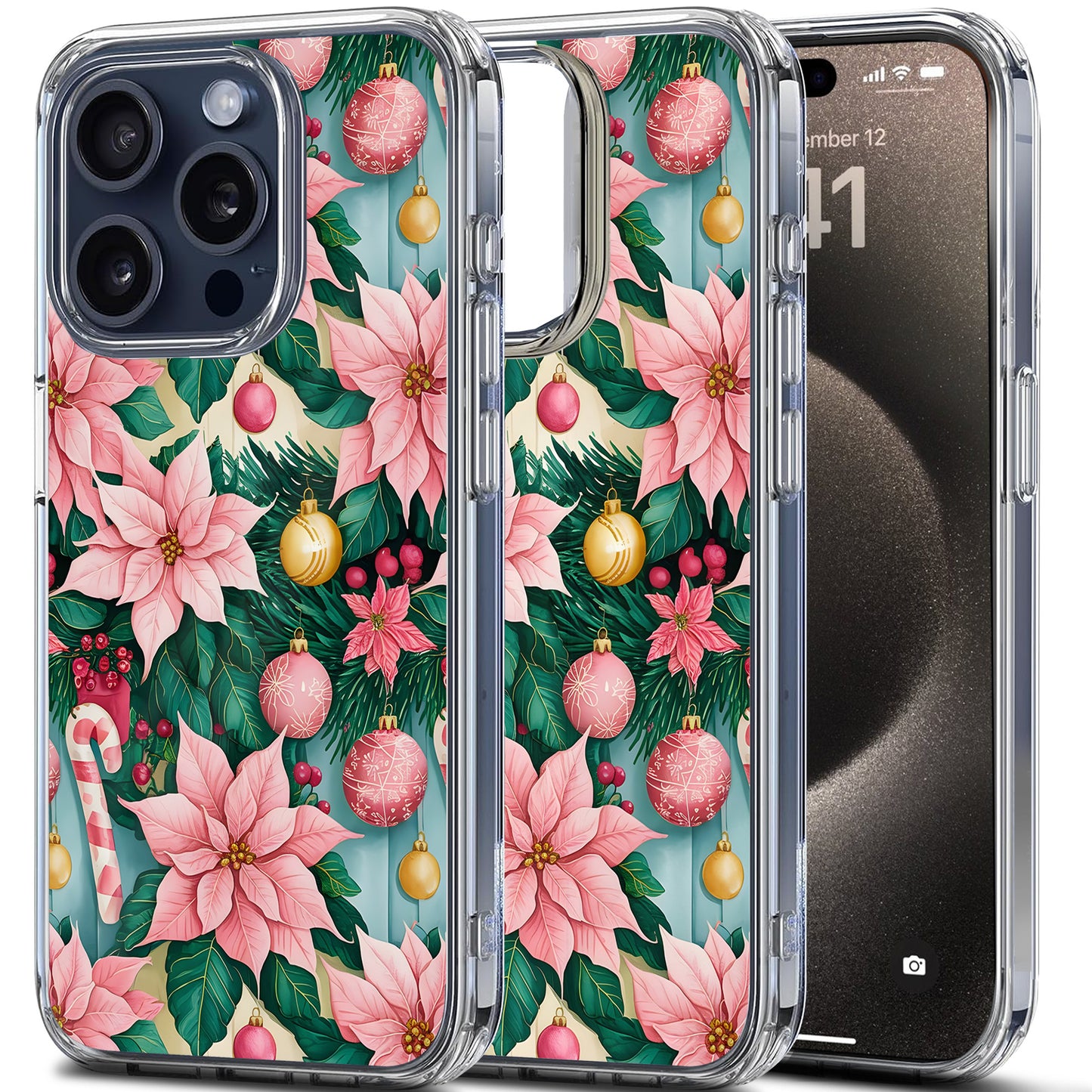 Pink Christmas Flower TPU Clear Case for iPhone & Samsung Phones