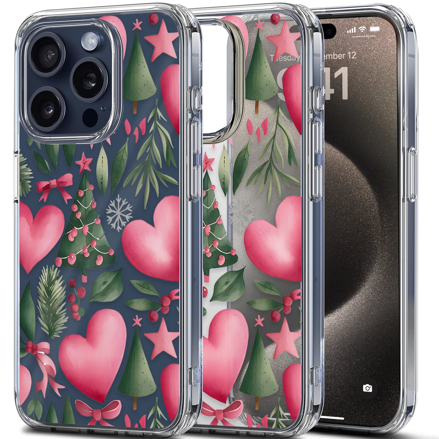 Pink Heart Pattern TPU Clear Case for iPhone & Samsung Phones