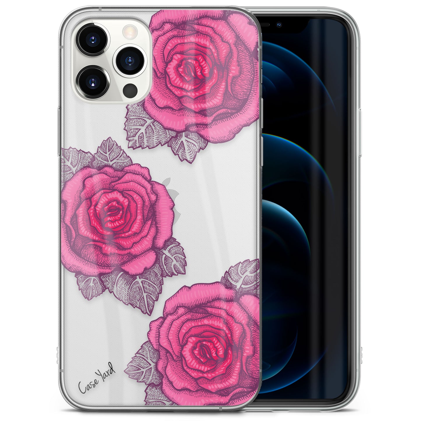TPU Clear case with (Pink Roses Pen) Design for iPhone & Samsung Phones