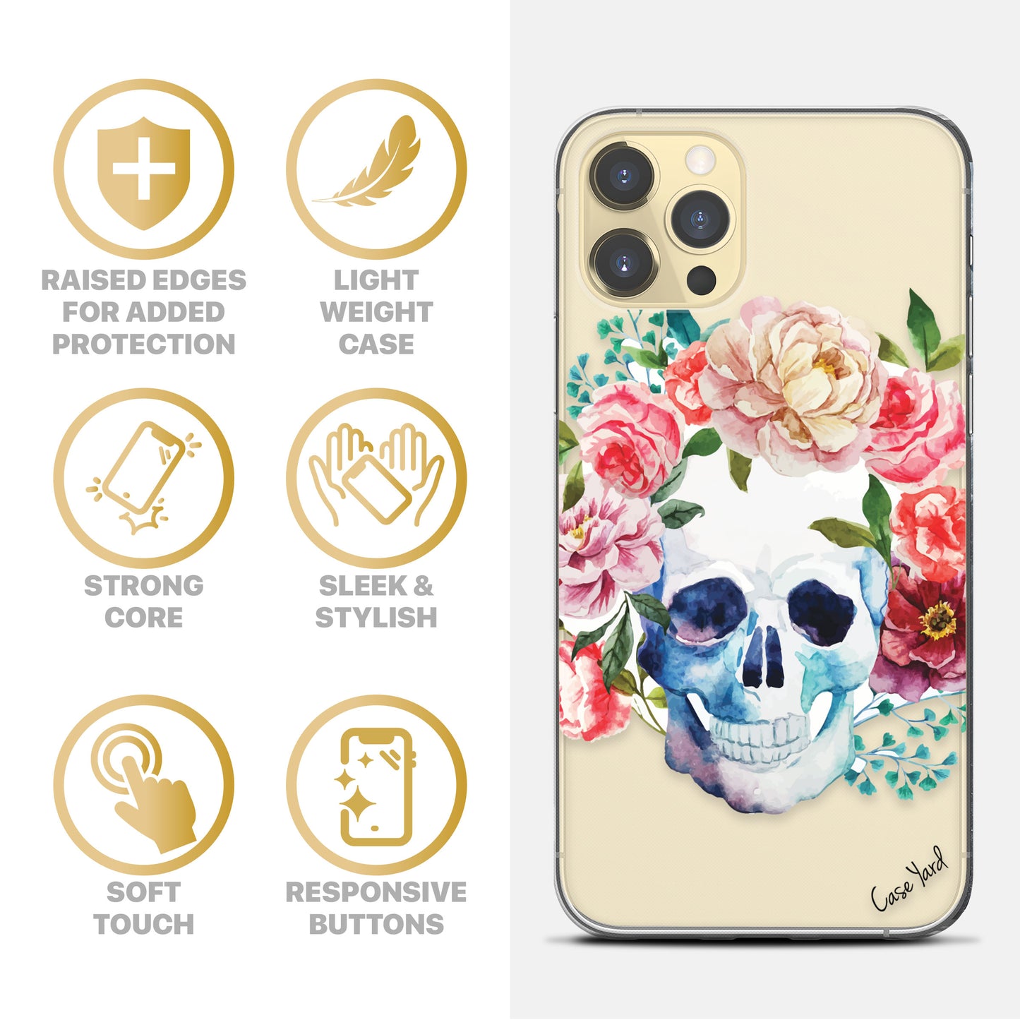 Skull Floral TPU Clear Phone Case for iPhone & Samsung Phones