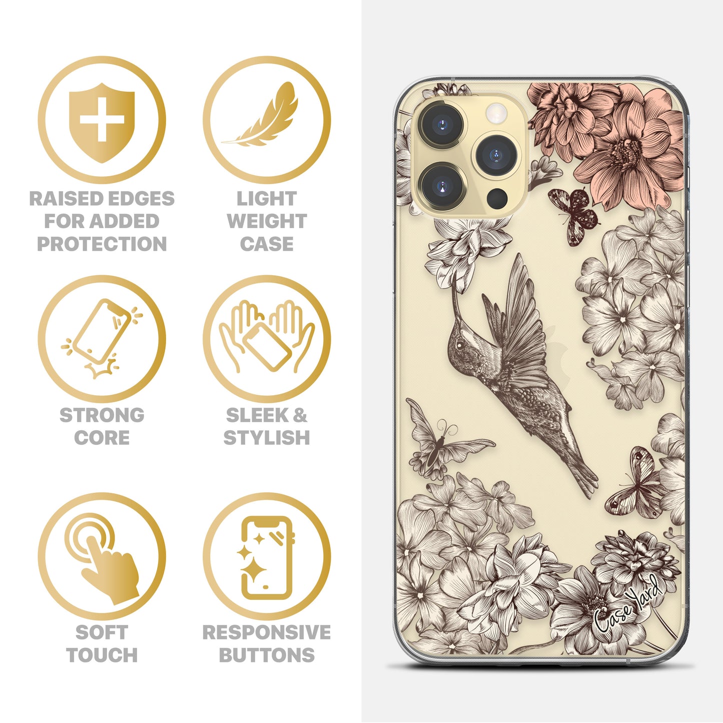 TPU Clear case with (Vintage Hummingbird ) Design for iPhone & Samsung Phones