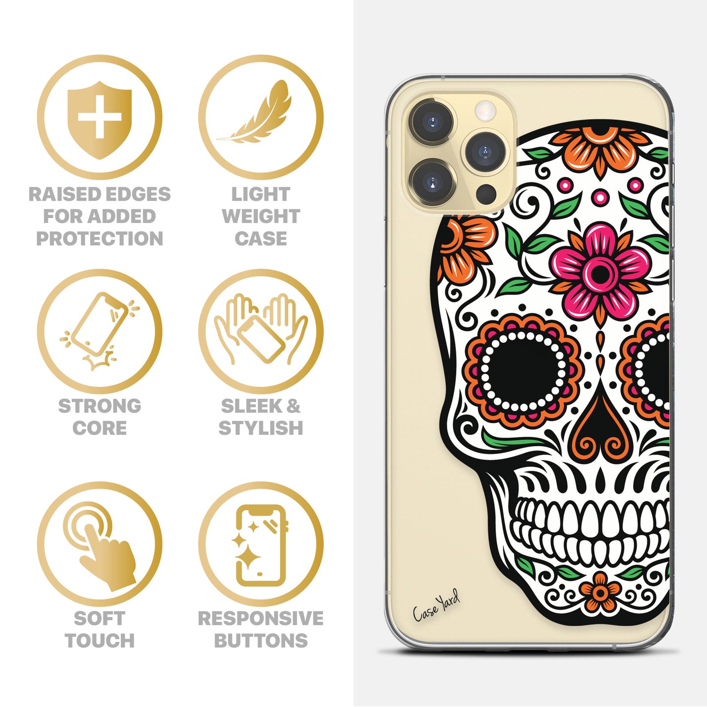 TPU Clear case with (Color Sugar Skull) Design for iPhone & Samsung Phones
