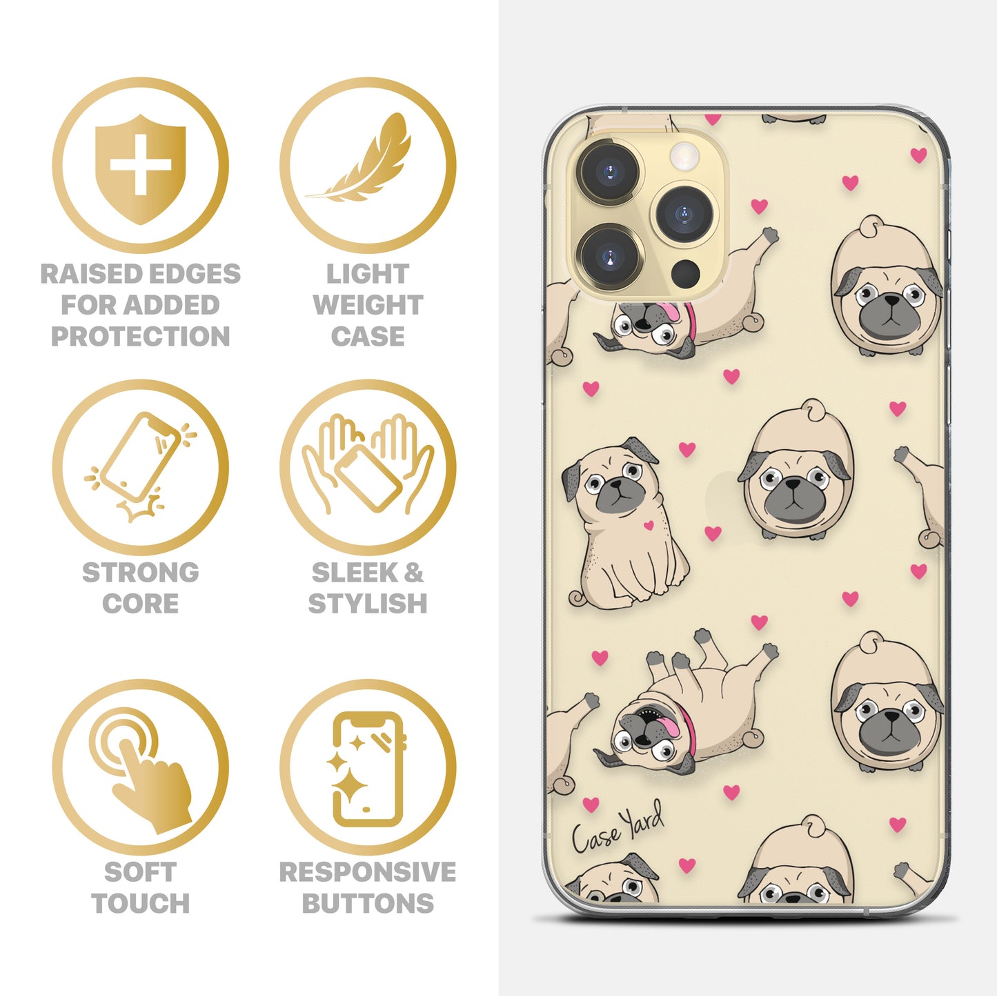 Pug Pattern TPU Clear Phone Case for iPhone & Samsung Phones
