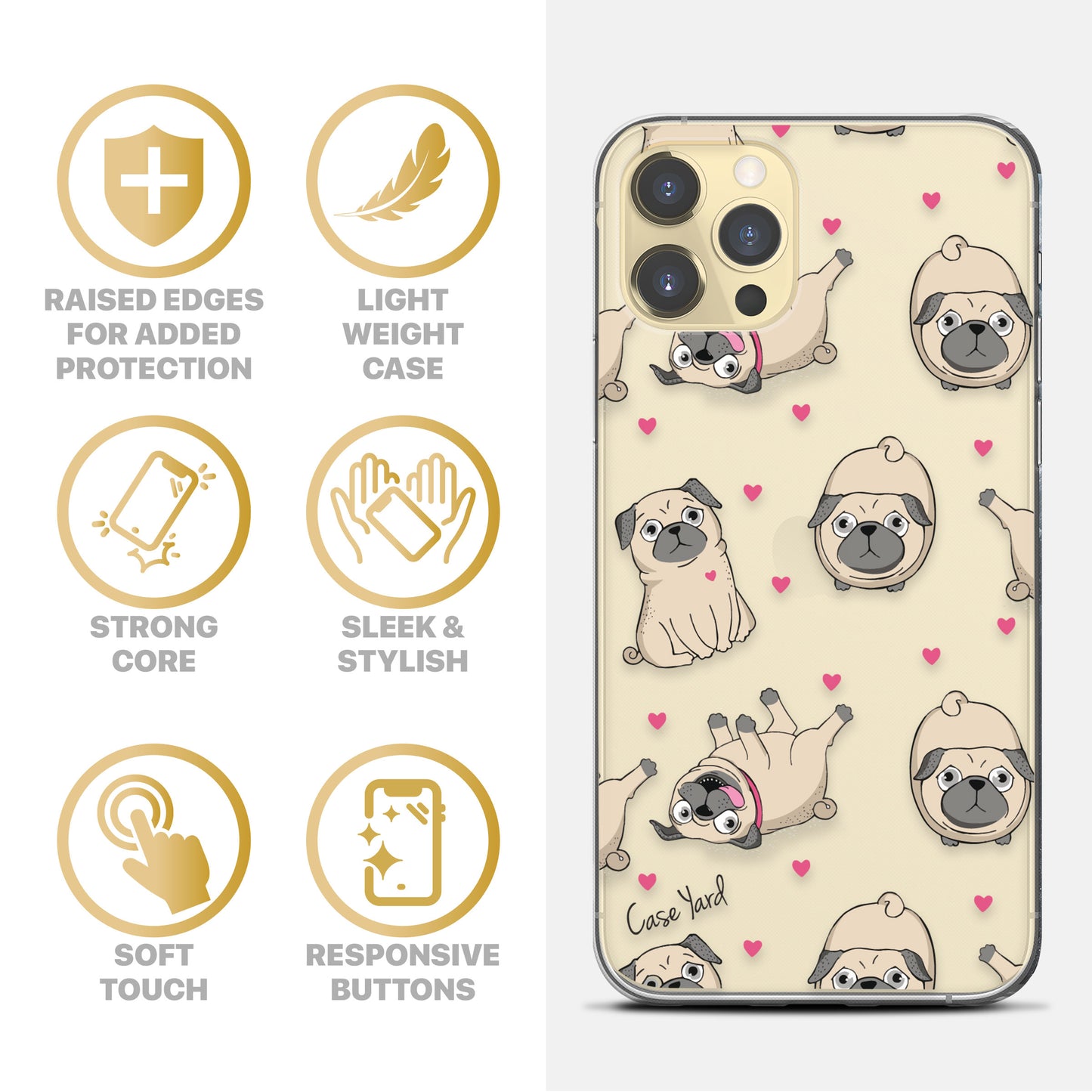 TPU Case Clear case with (Pug Pattern) Design for iPhone & Samsung Phones