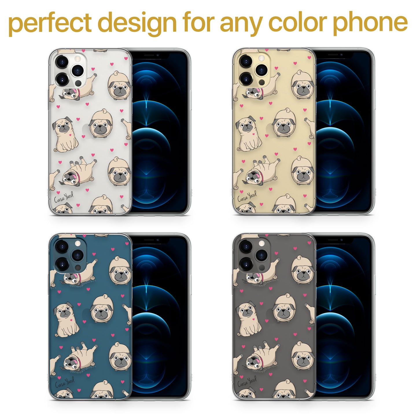 Pug Pattern TPU Clear Phone Case for iPhone & Samsung Phones