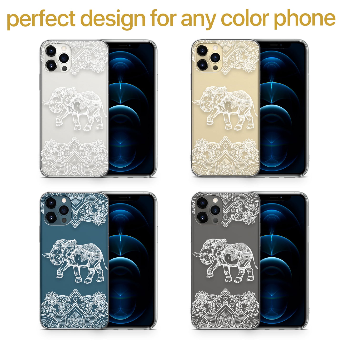 TPU Clear case with (Royal Elephant Mandala) Design for iPhone & Samsung Phones