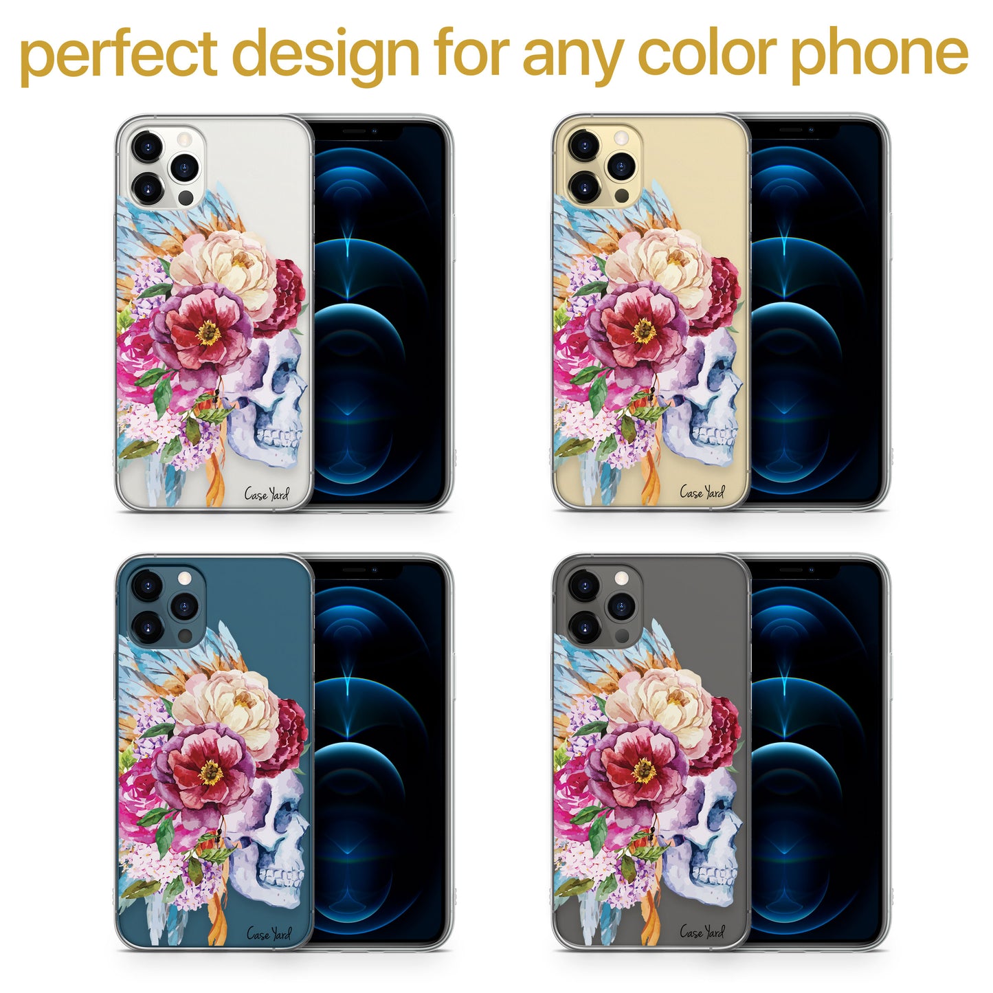 TPU Clear case with (Watercolor Skull) Design for iPhone & Samsung Phones