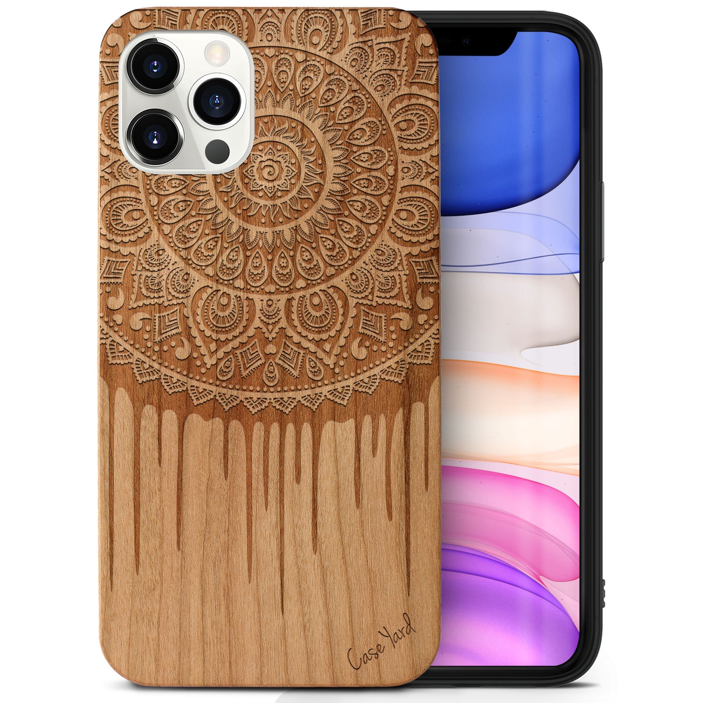 Wooden Cell Phone Case Cover, Laser Engraved case for iPhone & Samsung phone Dripping Mandala Wood Design