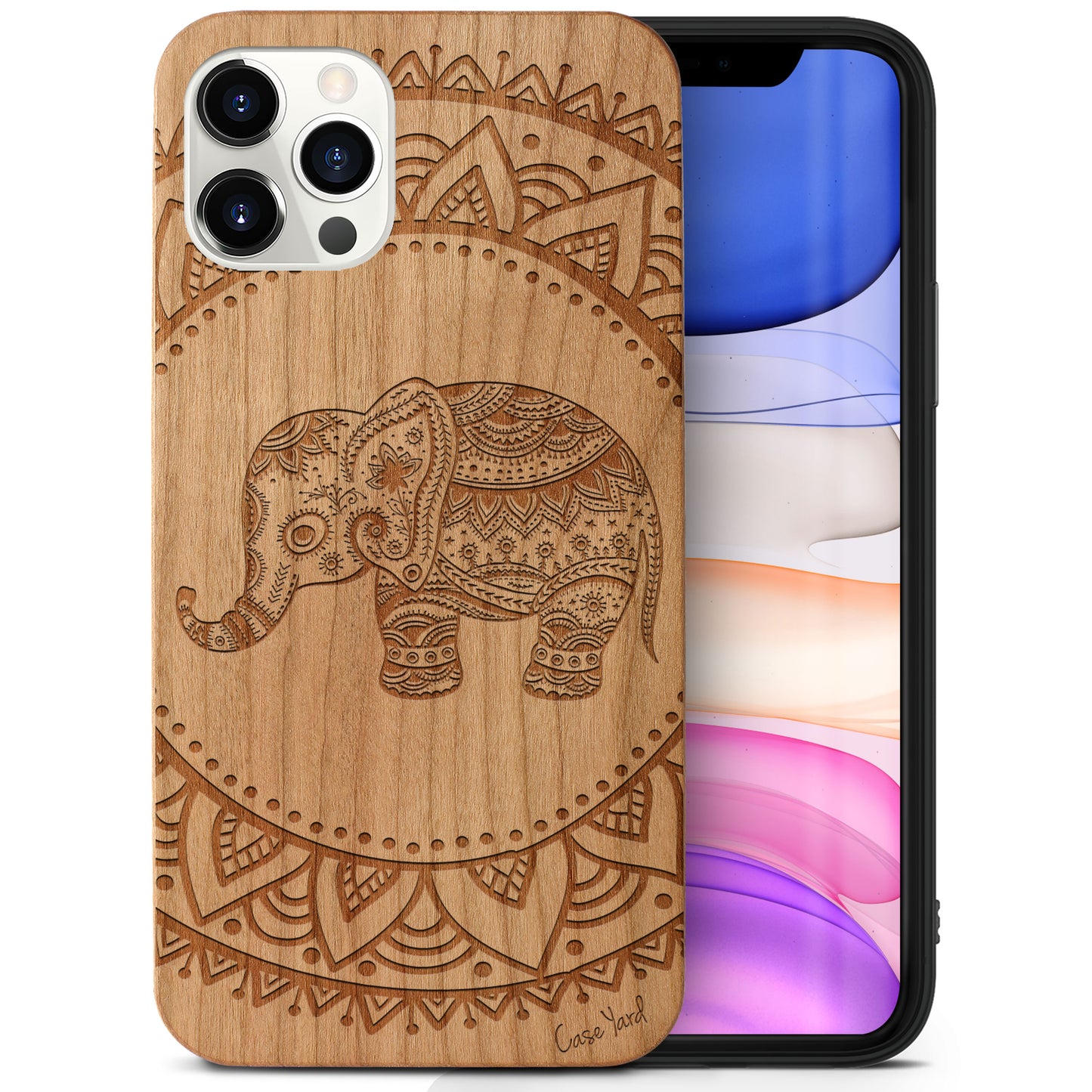 Wooden Cell Phone Case Cover, Laser Engraved case for iPhone & Samsung phone Elephant Mandala Wood Design