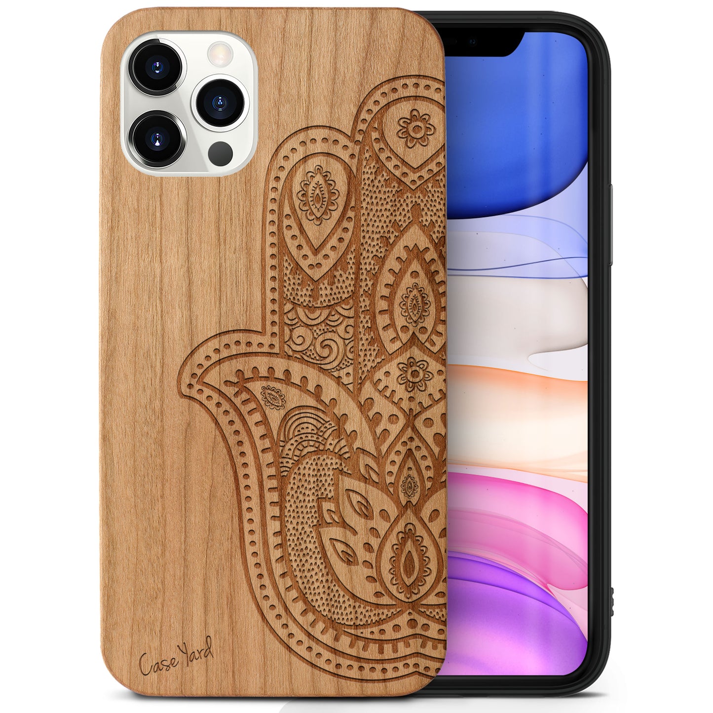 Wooden Cell Phone Case Cover, Laser Engraved case for iPhone & Samsung phone Half Hamsa Hand Wood Design
