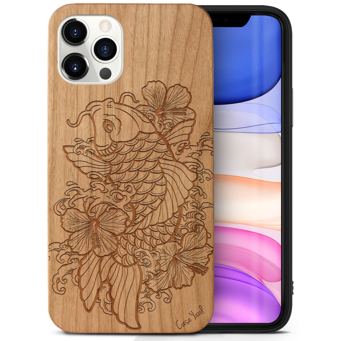 Wooden Cell Phone Case Cover, Laser Engraved case for iPhone & Samsung phone Hibiscus & Koi Fish Design