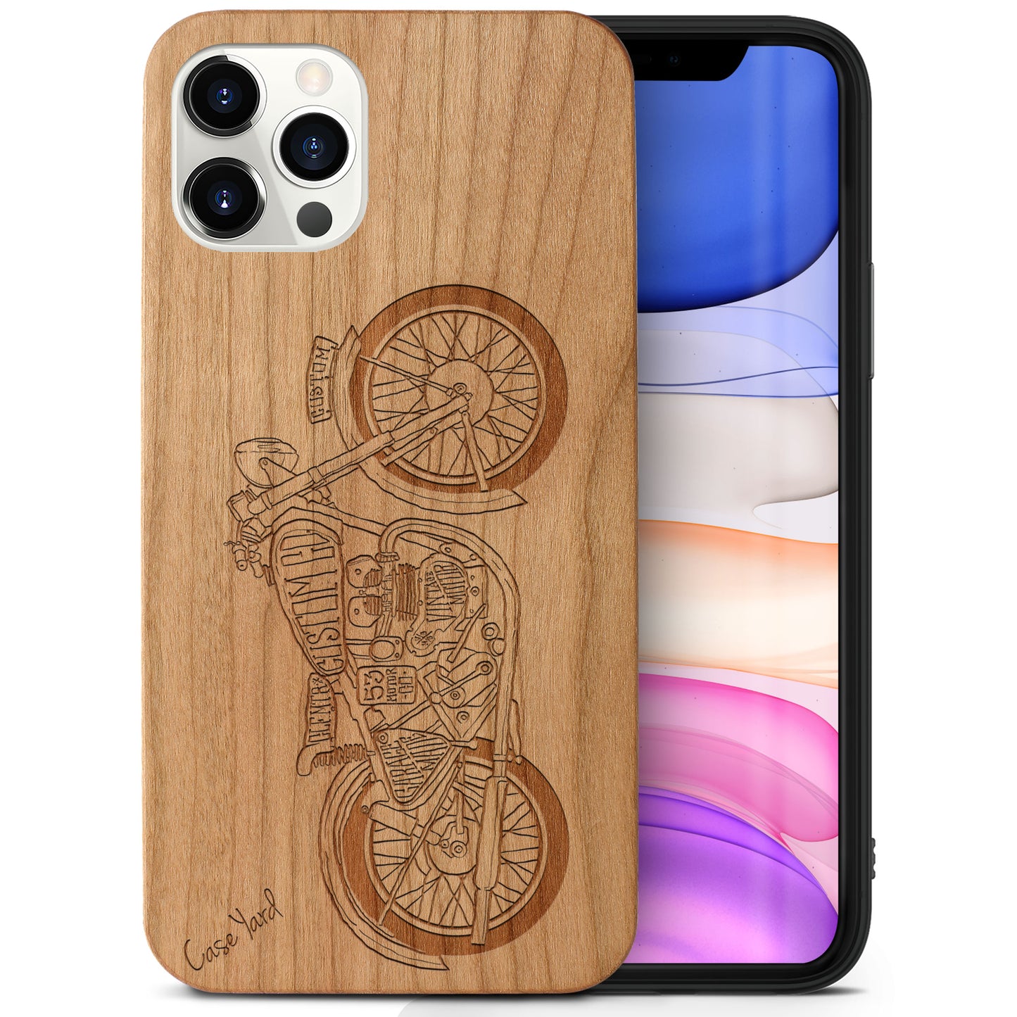Wooden Cell Phone Case Cover, Laser Engraved case for iPhone & Samsung phone Vintage Motorcycle Design