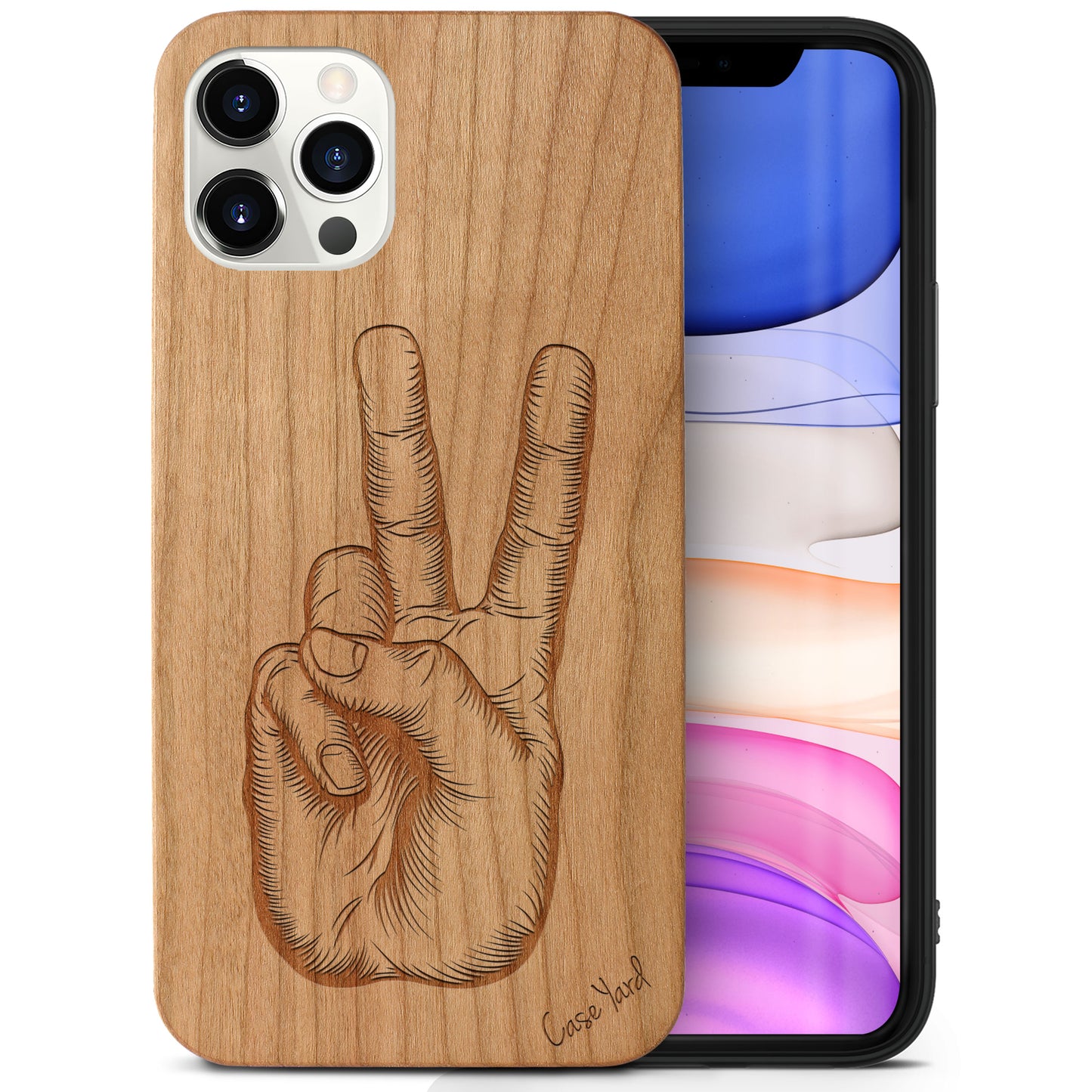 Peace Hand Sign Wooden Laser Engraved Phone Case for iPhone