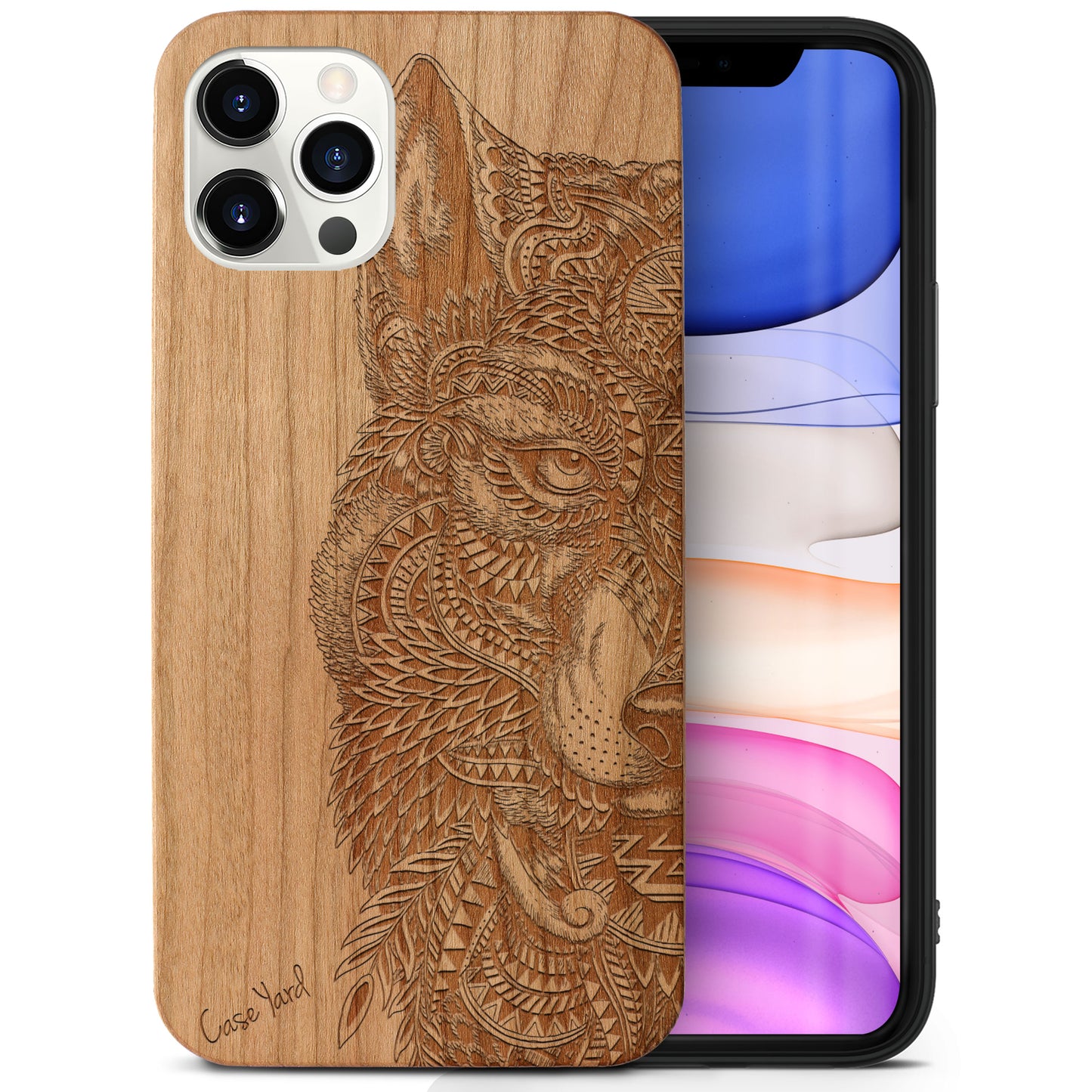 Wooden Cell Phone Case Cover, Laser Engraved case for iPhone & Samsung phone Wolf Face Half Design
