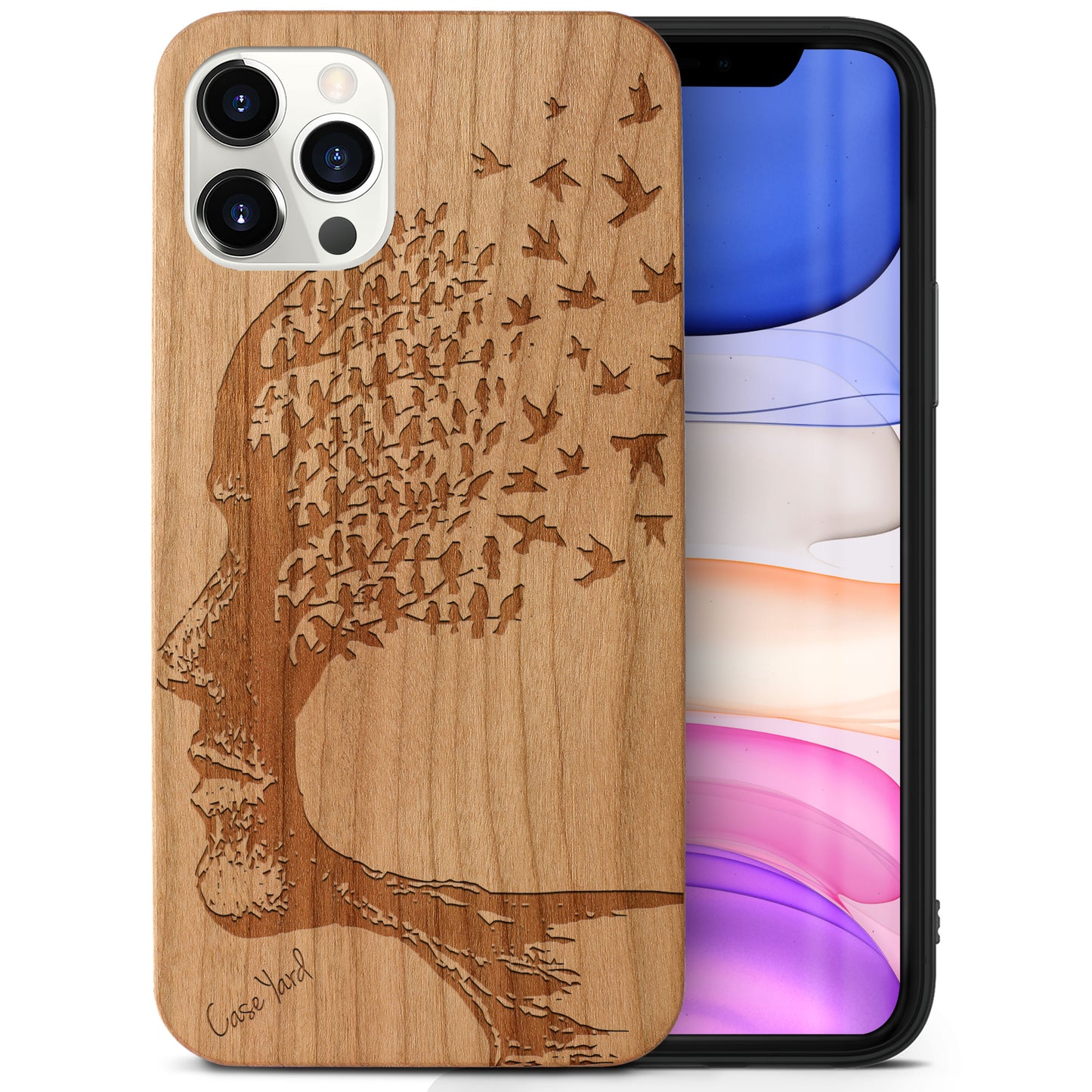 Head with Flying Birds Wooden Laser Engraved Phone Case