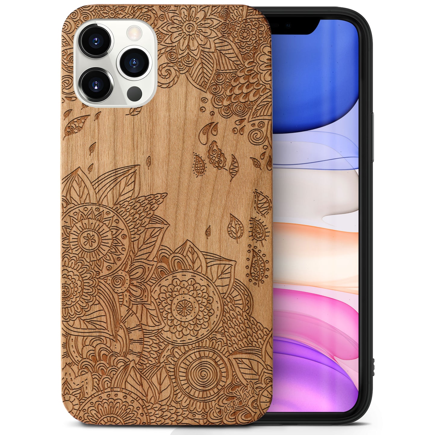 Wooden Cell Phone Case Cover, Laser Engraved case for iPhone & Samsung phone Wind Flowers Wood Design