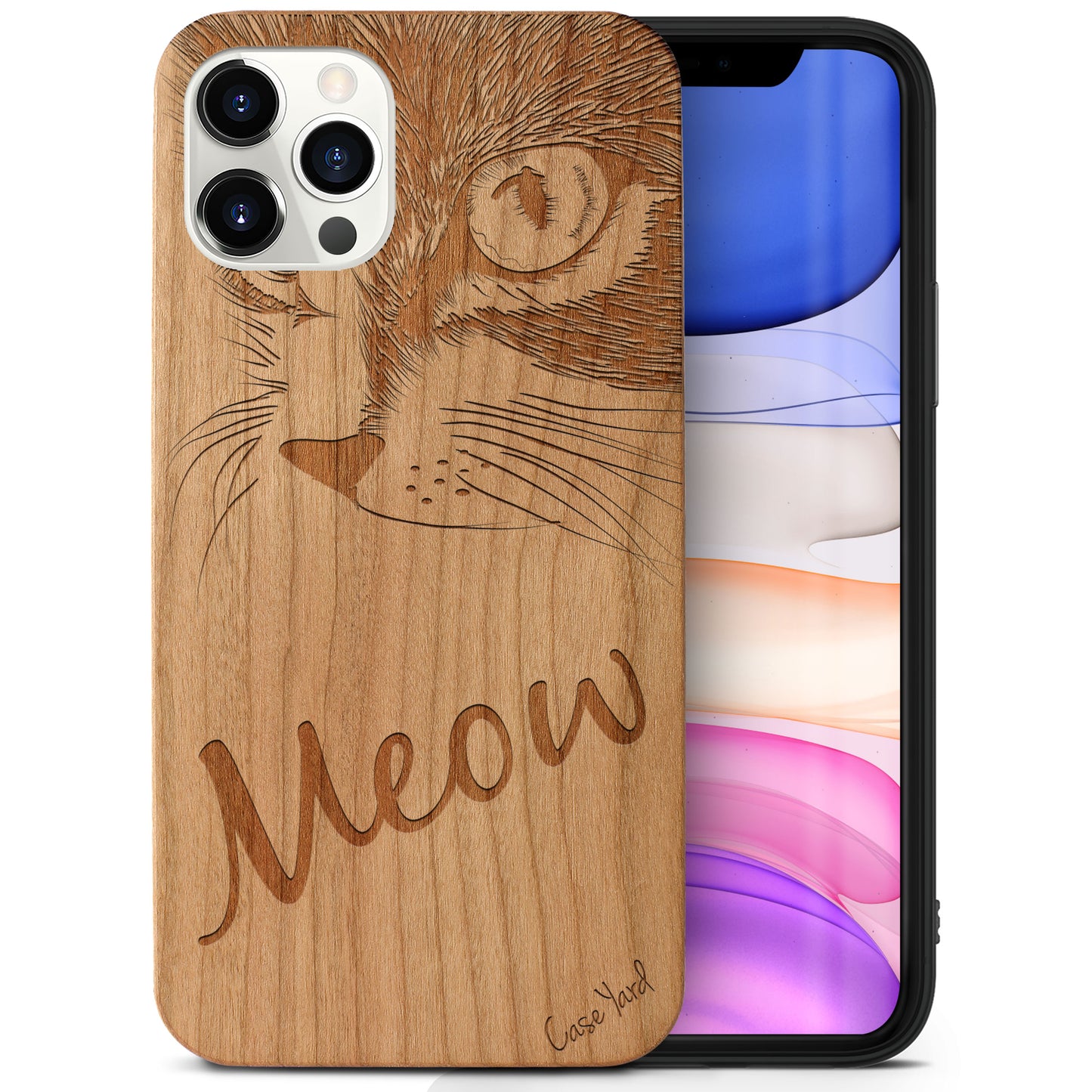 Wooden Cell Phone Case Cover, Laser Engraved case for iPhone & Samsung phone Meow Design