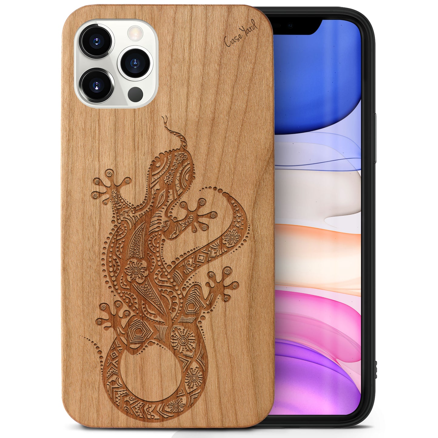 Wooden Cell Phone Case Cover, Laser Engraved case for iPhone & Samsung phone Tribal Lizard Design
