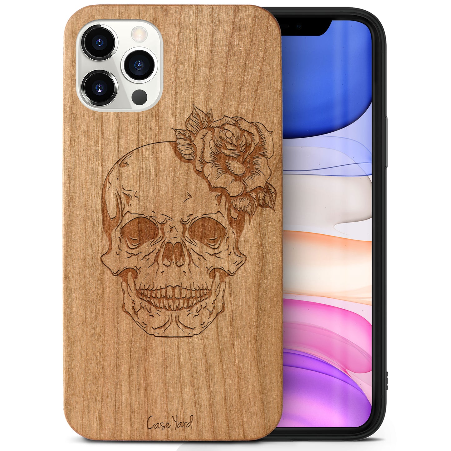 Skull Flower Wooden Laser Engraved Phone Case for iPhone