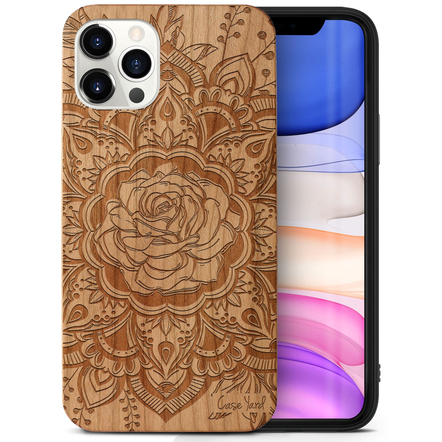 Rose Mandala Wooden Laser Engraved Phone Case