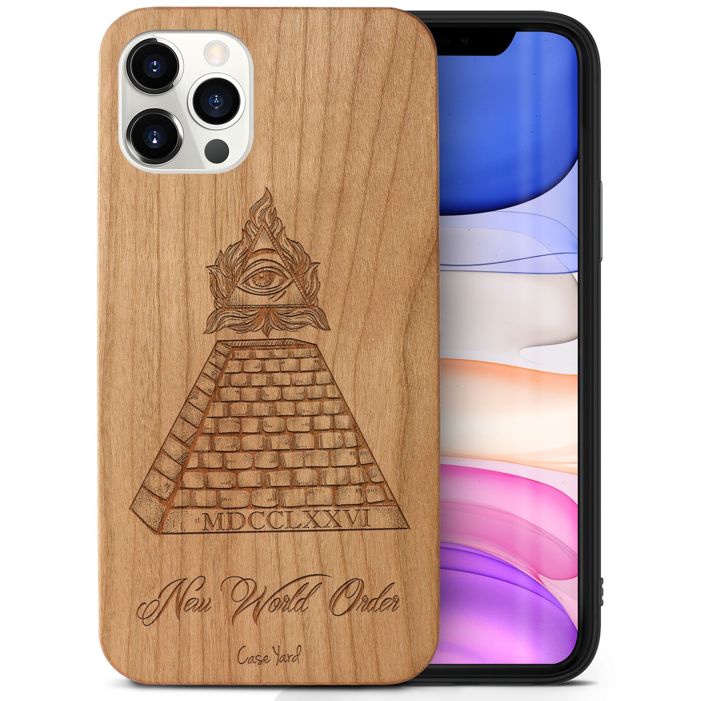 Wooden Cell Phone Case Cover, Laser Engraved case for iPhone & Samsung phone New World Order Design