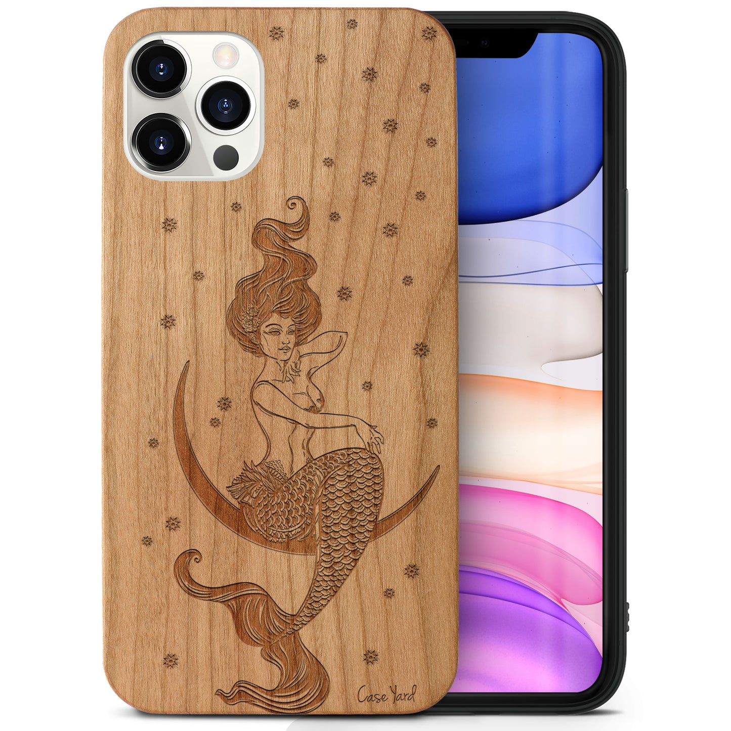 Wooden Cell Phone Case Cover, Laser Engraved case for iPhone & Samsung phone Mermaid on the Moon Design