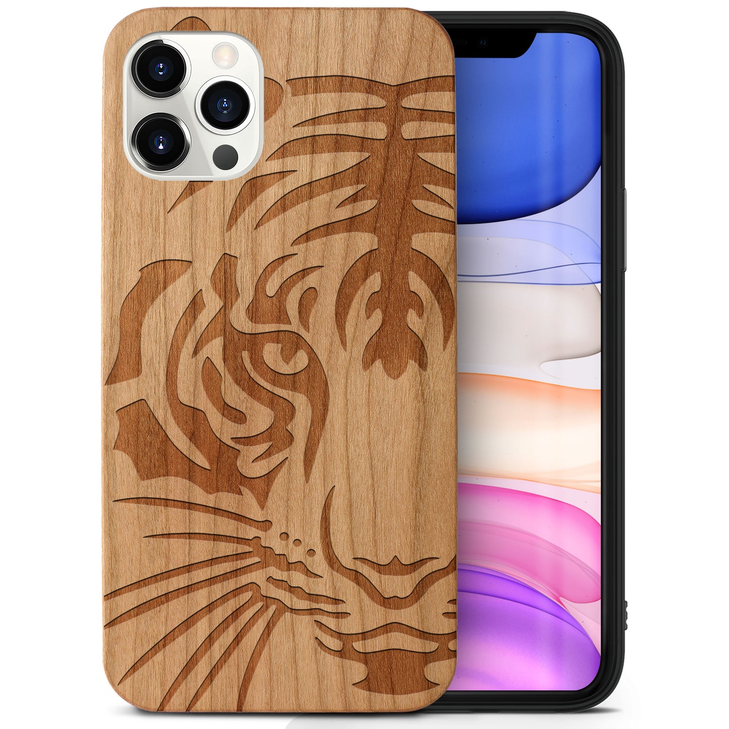 Half TigerFace Wooden Laser Engraved Phone Case