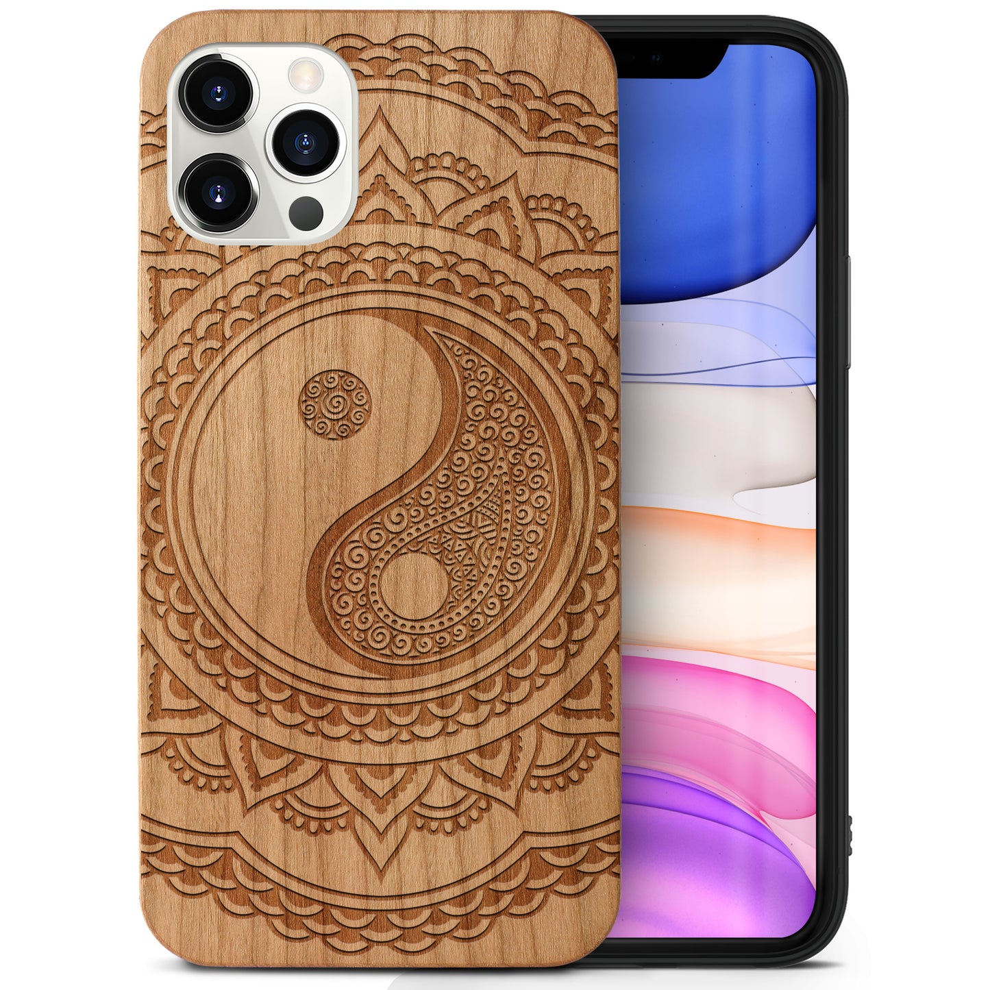 Wooden Cell Phone Case Cover, Laser Engraved case for iPhone & Samsung phone Ying Yang Mandala 2 Design