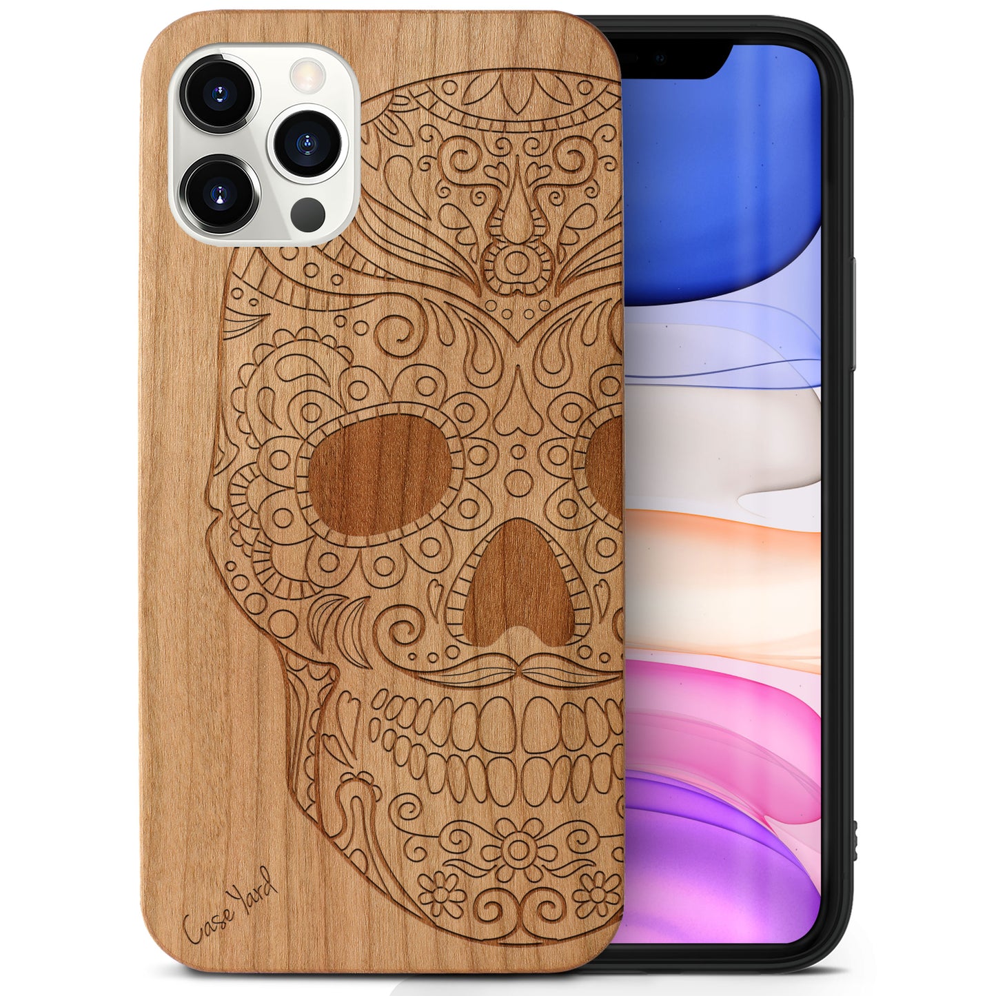Wooden Cell Phone Case Cover, Laser Engraved case for iPhone & Samsung phone Half Skull Wood Design