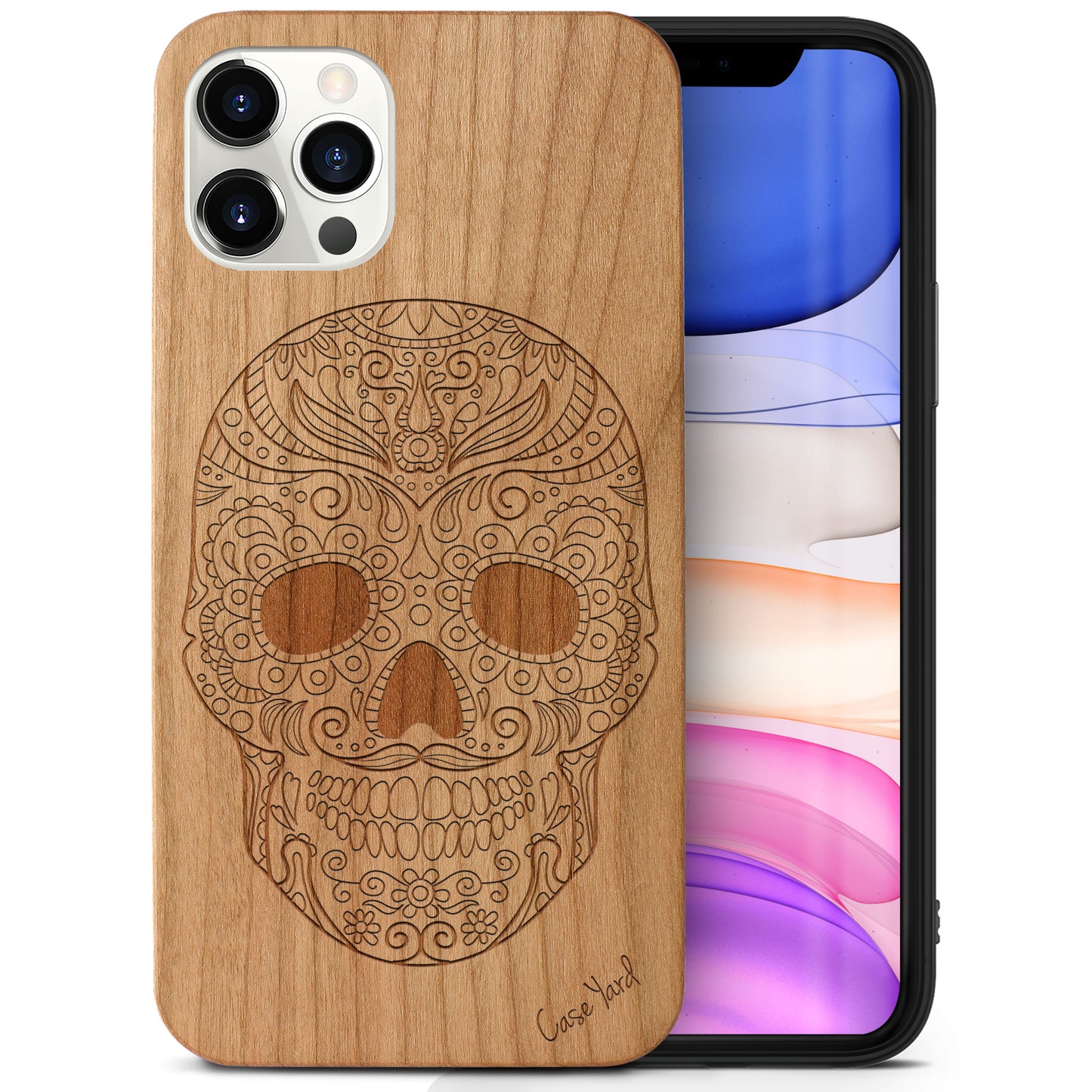 Wooden Cell Phone Case Cover, Laser Engraved case for iPhone & Samsung phone Sugar Skull Wood Design